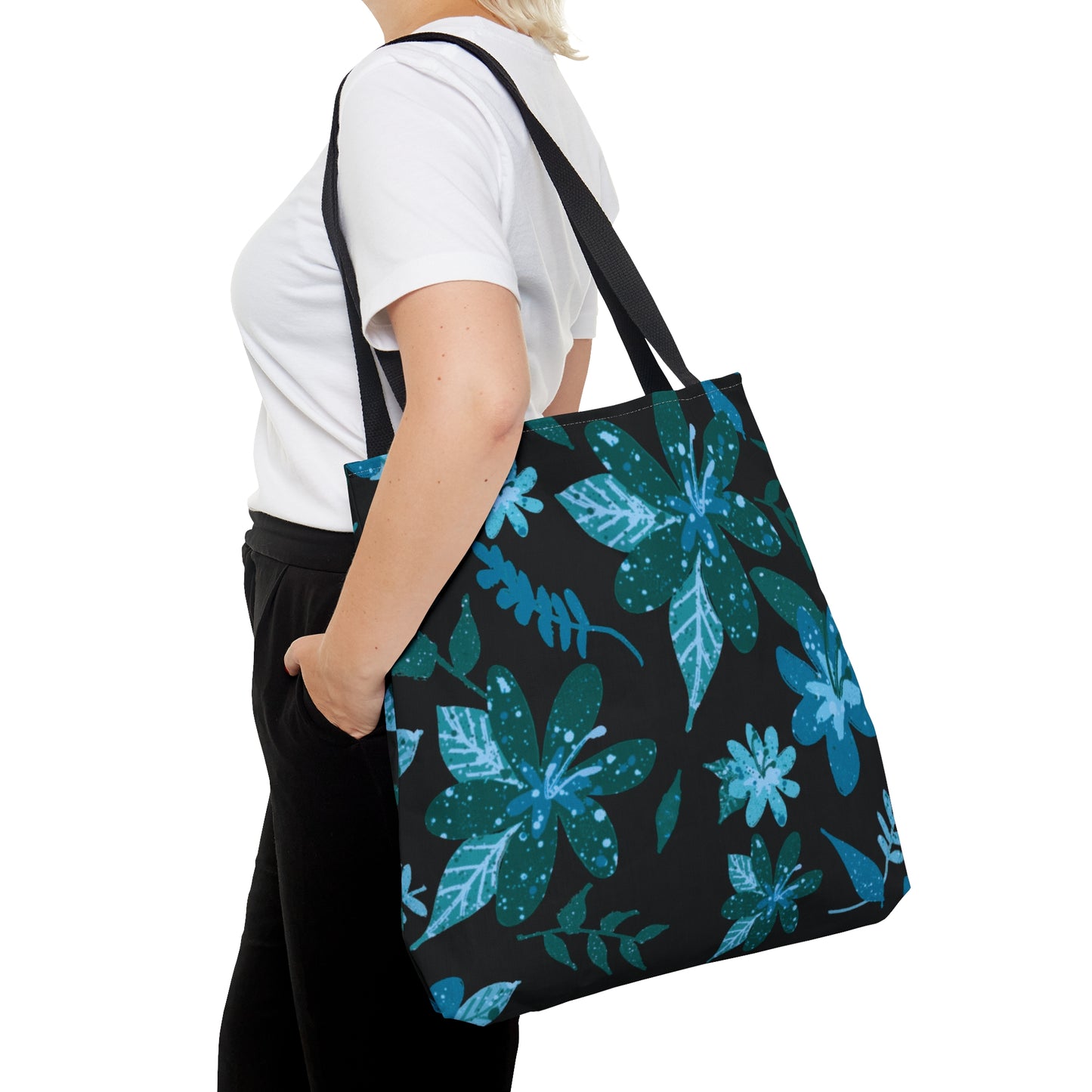 Blue Floral Sense Black Tote Bag - Squirrellyartmama