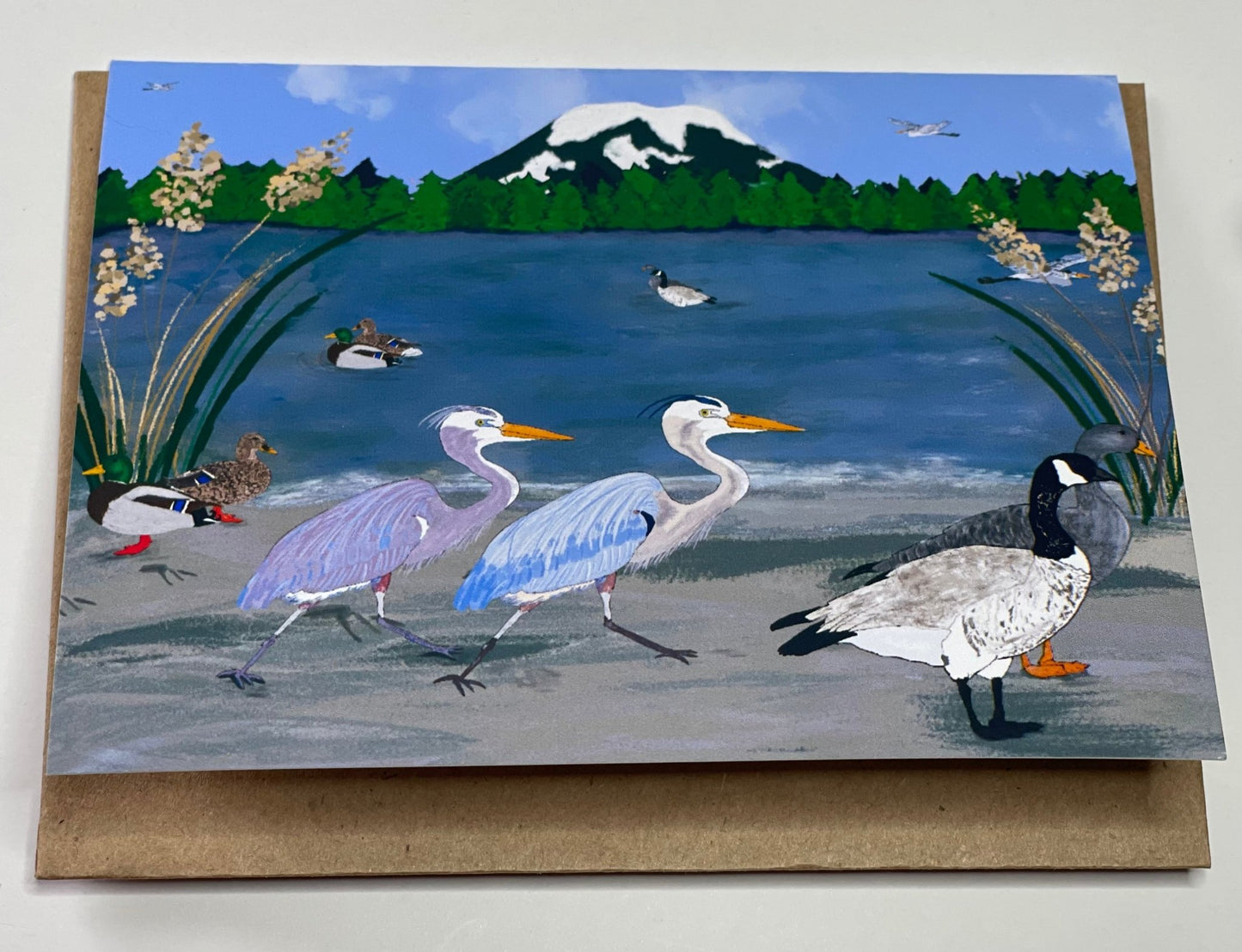 A day by the Lake Greeting Card - Blank Notecard Herons, Green Headed Mallards, and Canadian Geese - Squirrellyartmama