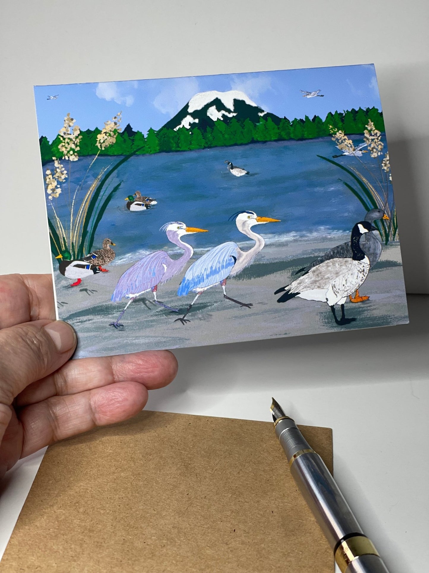 A day by the Lake Greeting Card - Blank Notecard Herons, Green Headed Mallards, and Canadian Geese - Squirrellyartmama