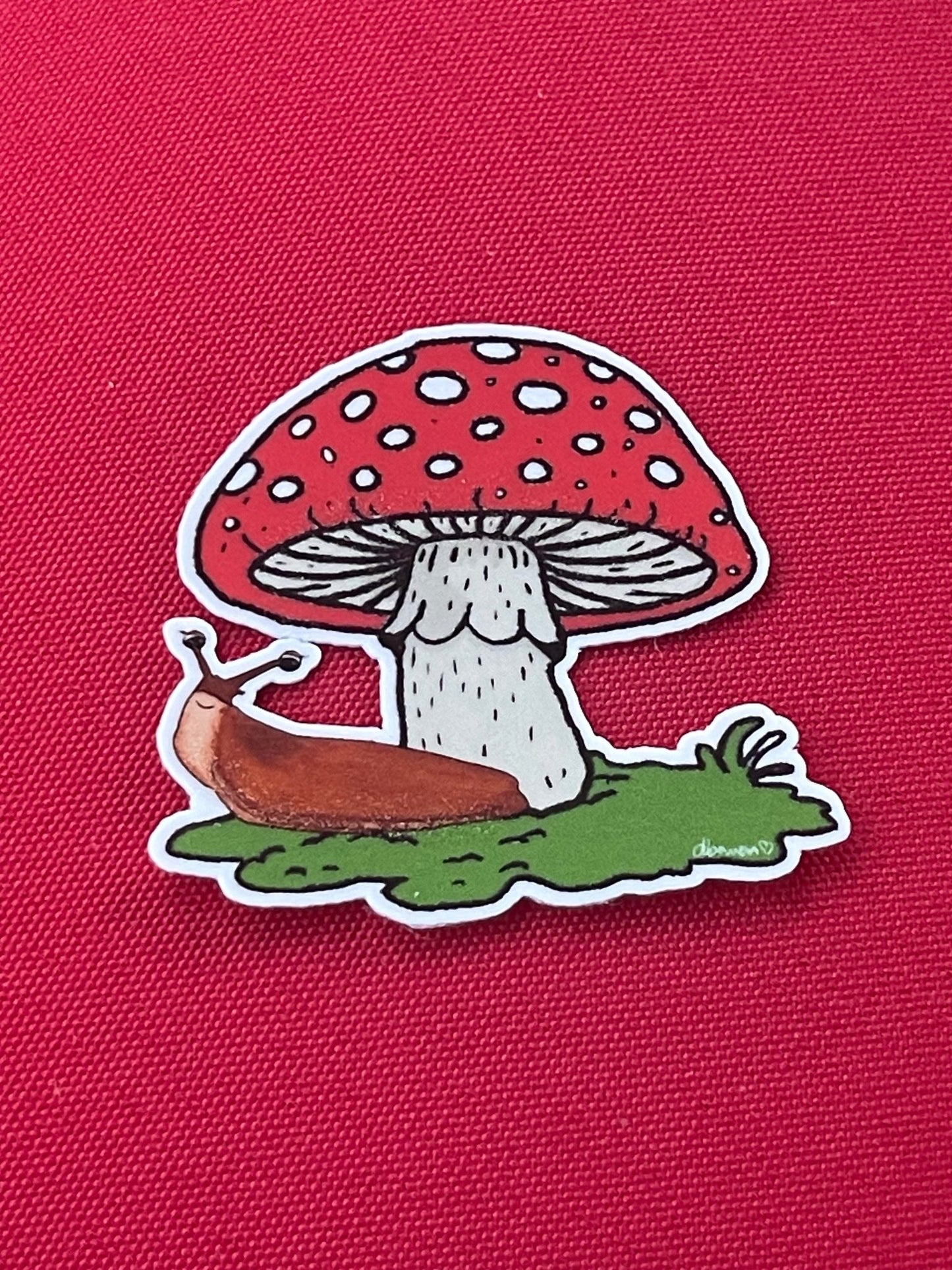 Amanita Mushroom Sticker with Slug – Whimsical Nature Vinyl Decal Die Cut Sticker - Color Crumbs Club