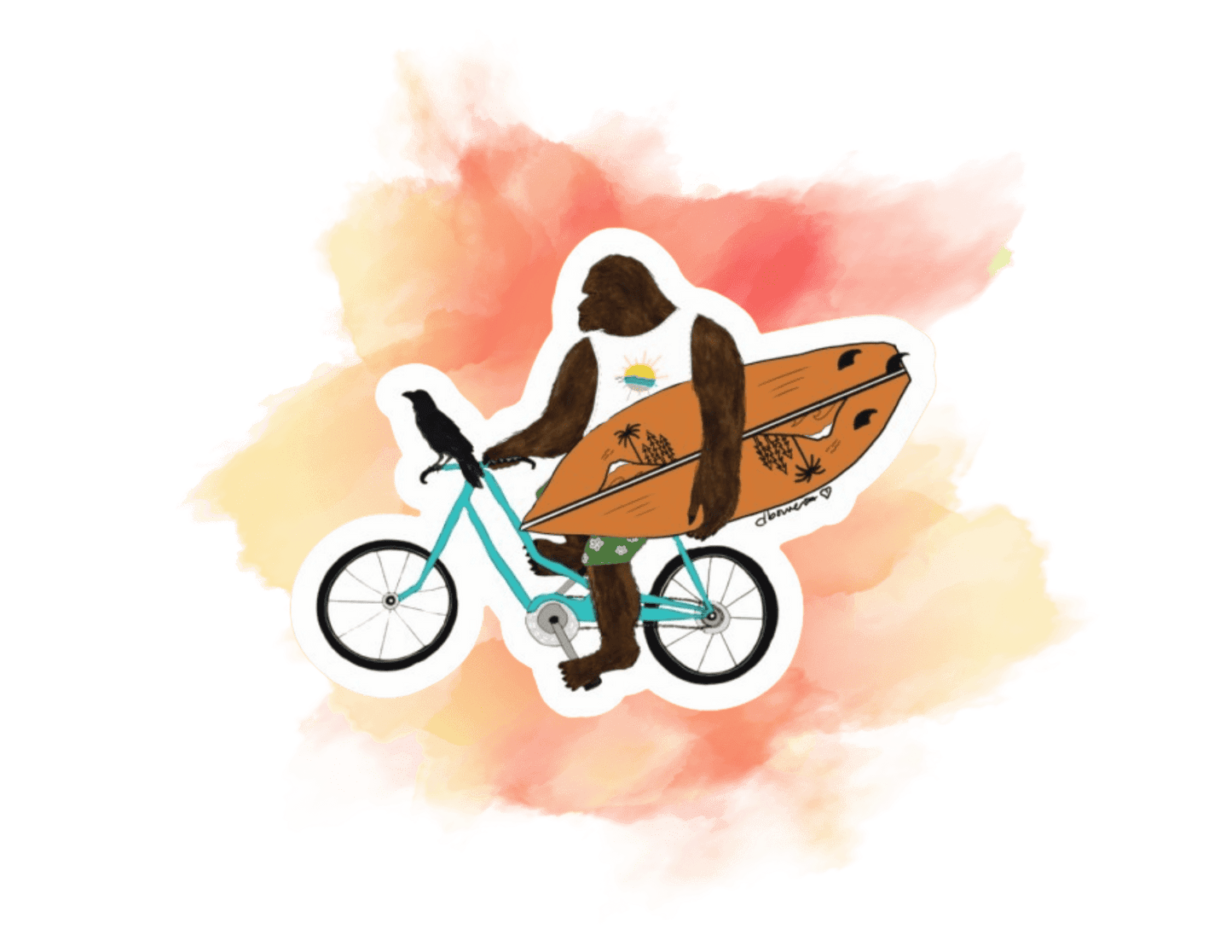 Bigfoot on Bike with Surfboard & Crow – Matte Die Cut Sticker - Color Crumbs Club
