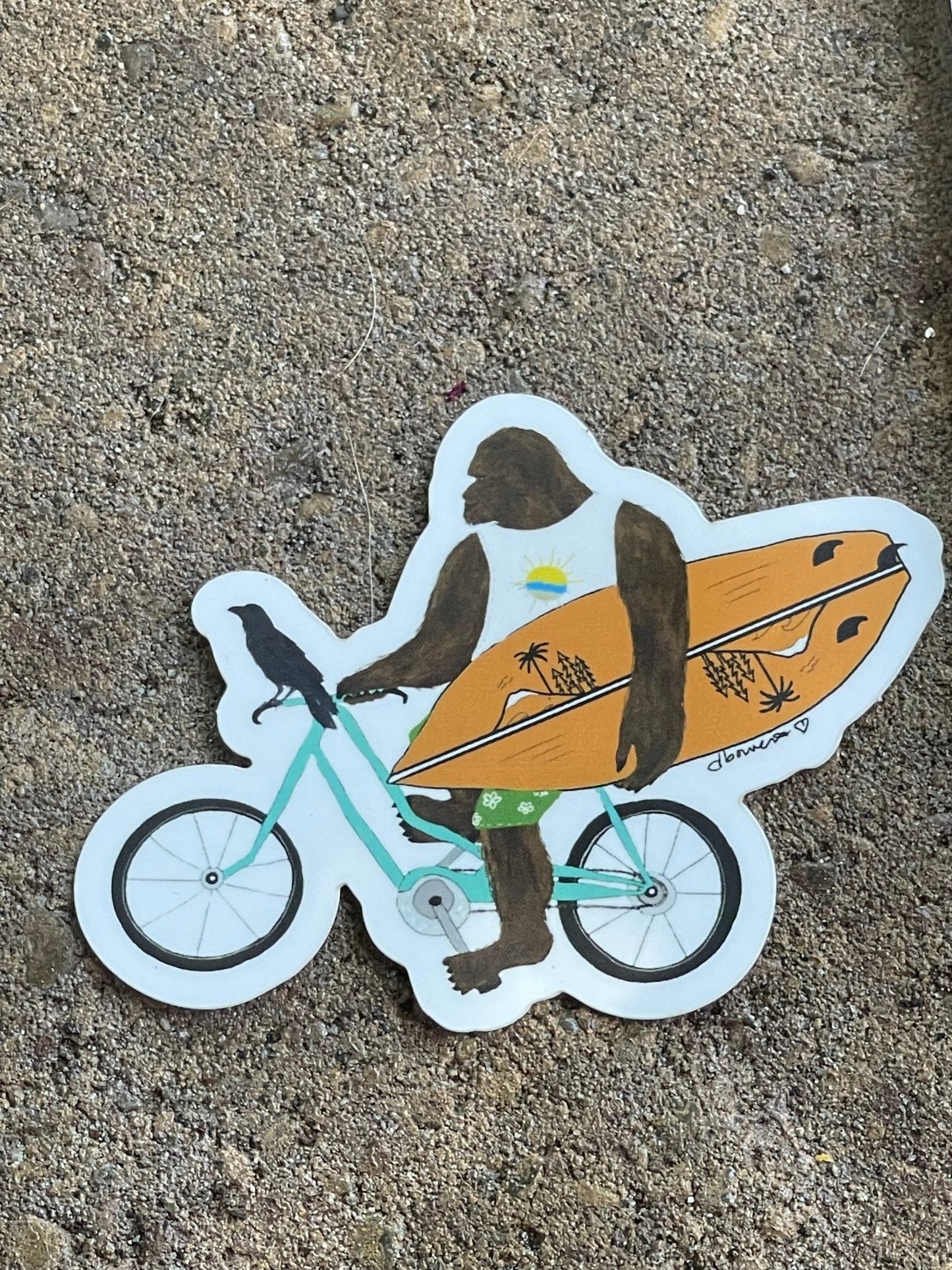 Bigfoot on Bike with Surfboard & Crow – Matte Die Cut Sticker - Color Crumbs Club