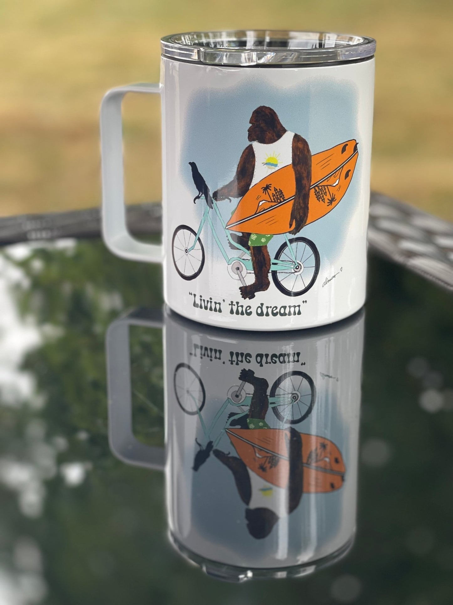 Bigfoot Surf Camp Mug – 12oz Aluminum with Lid | Living the Dream PNW Mug - Squirrellyartmama