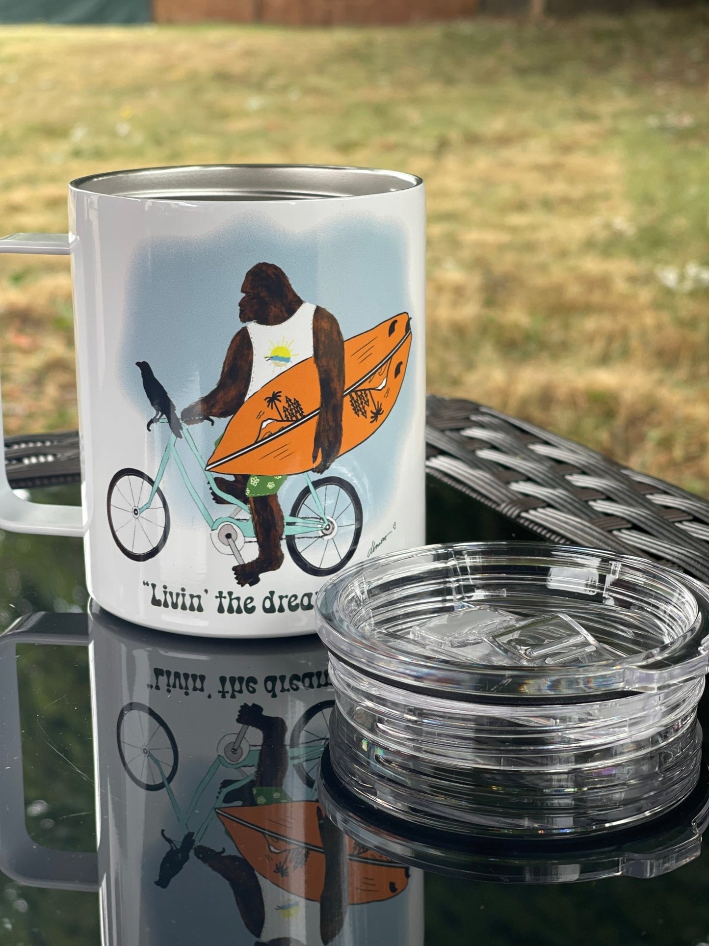 Bigfoot Surf Camp Mug – 12oz Aluminum with Lid | Living the Dream PNW Mug - Squirrellyartmama