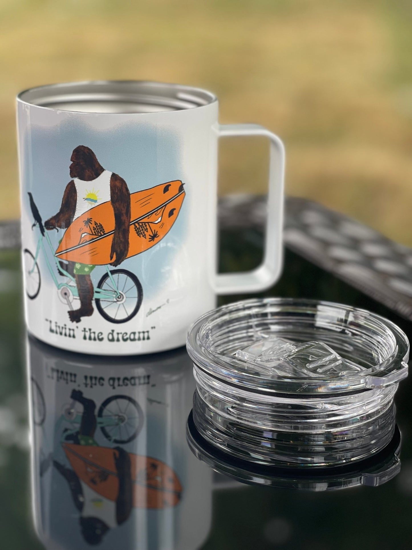 Bigfoot Surf Camp Mug – 12oz Aluminum with Lid | Living the Dream PNW Mug - Squirrellyartmama