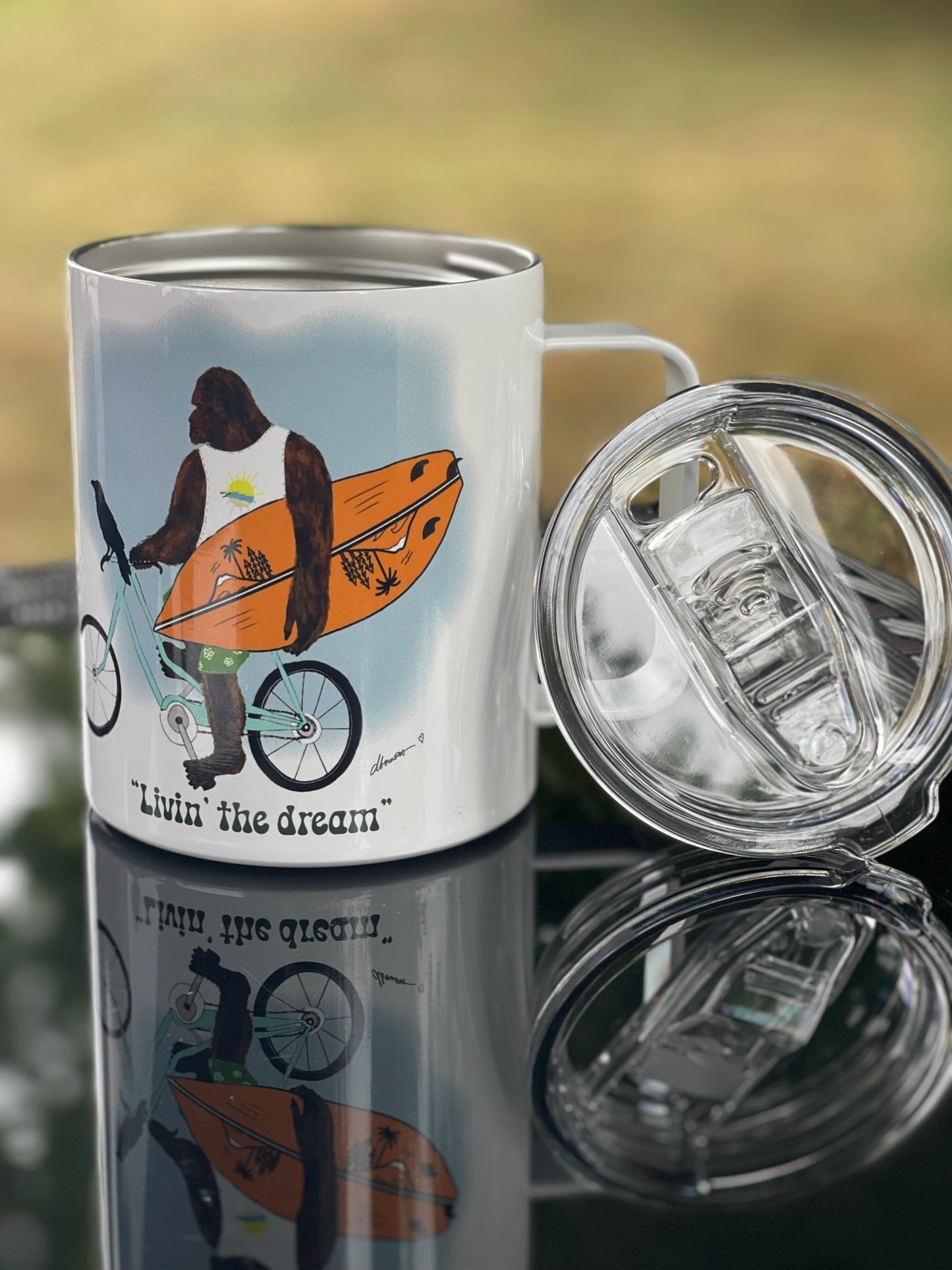 Bigfoot Surf Camp Mug – 12oz Aluminum with Lid | Living the Dream PNW Mug - Squirrellyartmama