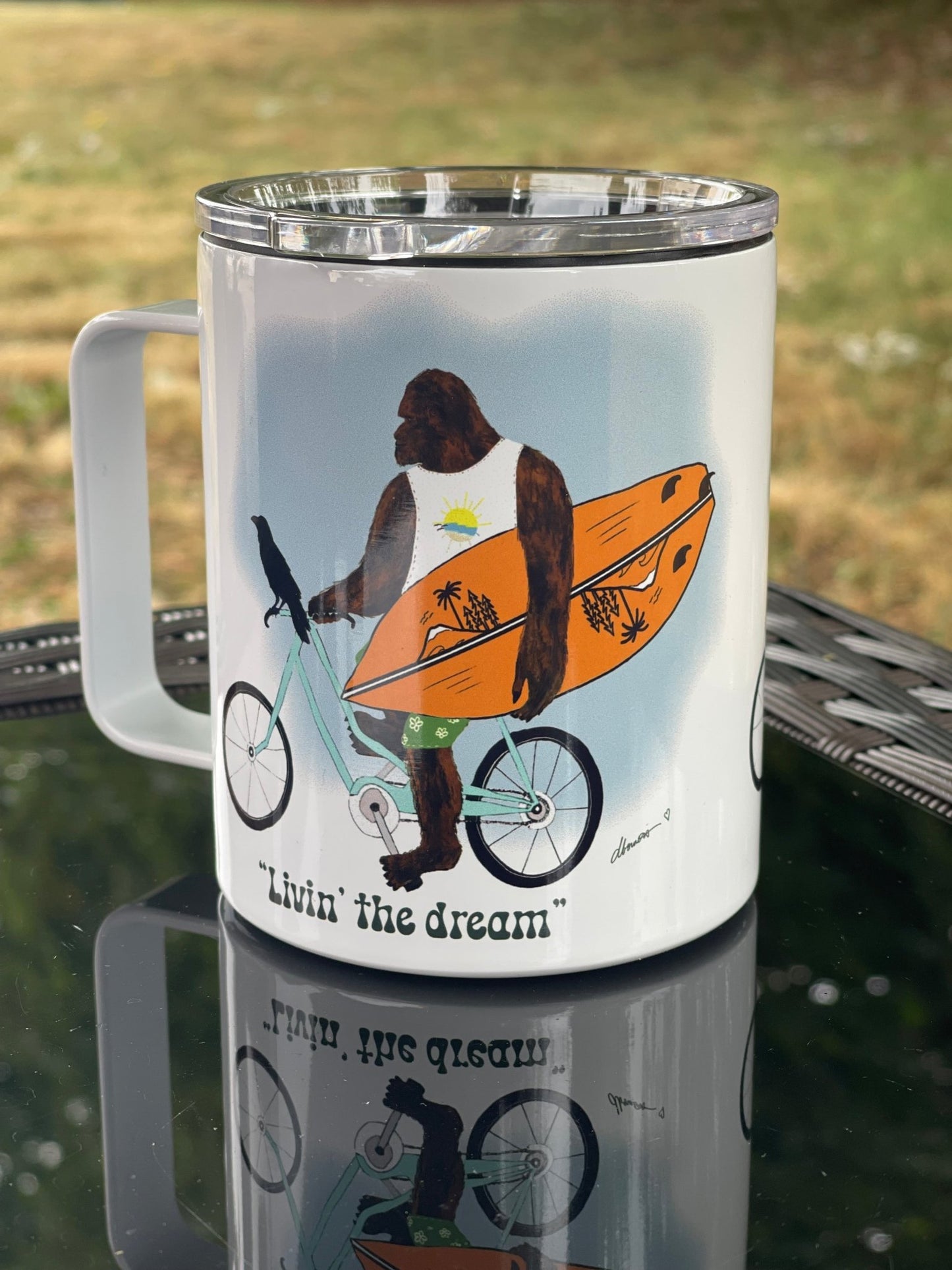 Bigfoot Surf Camp Mug – 12oz Aluminum with Lid | Living the Dream PNW Mug - Squirrellyartmama