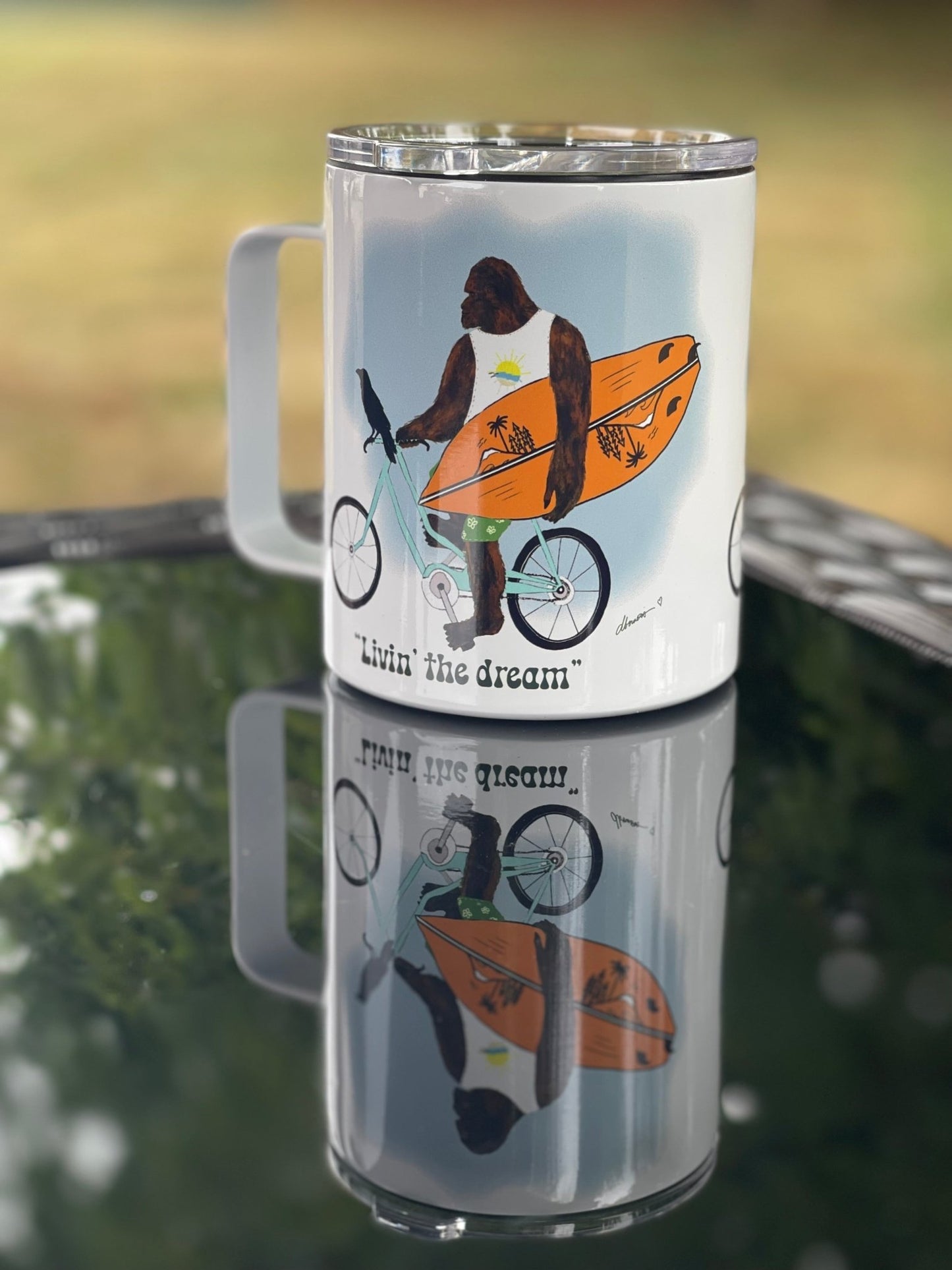 Bigfoot Surf Camp Mug – 12oz Aluminum with Lid | Living the Dream PNW Mug - Squirrellyartmama