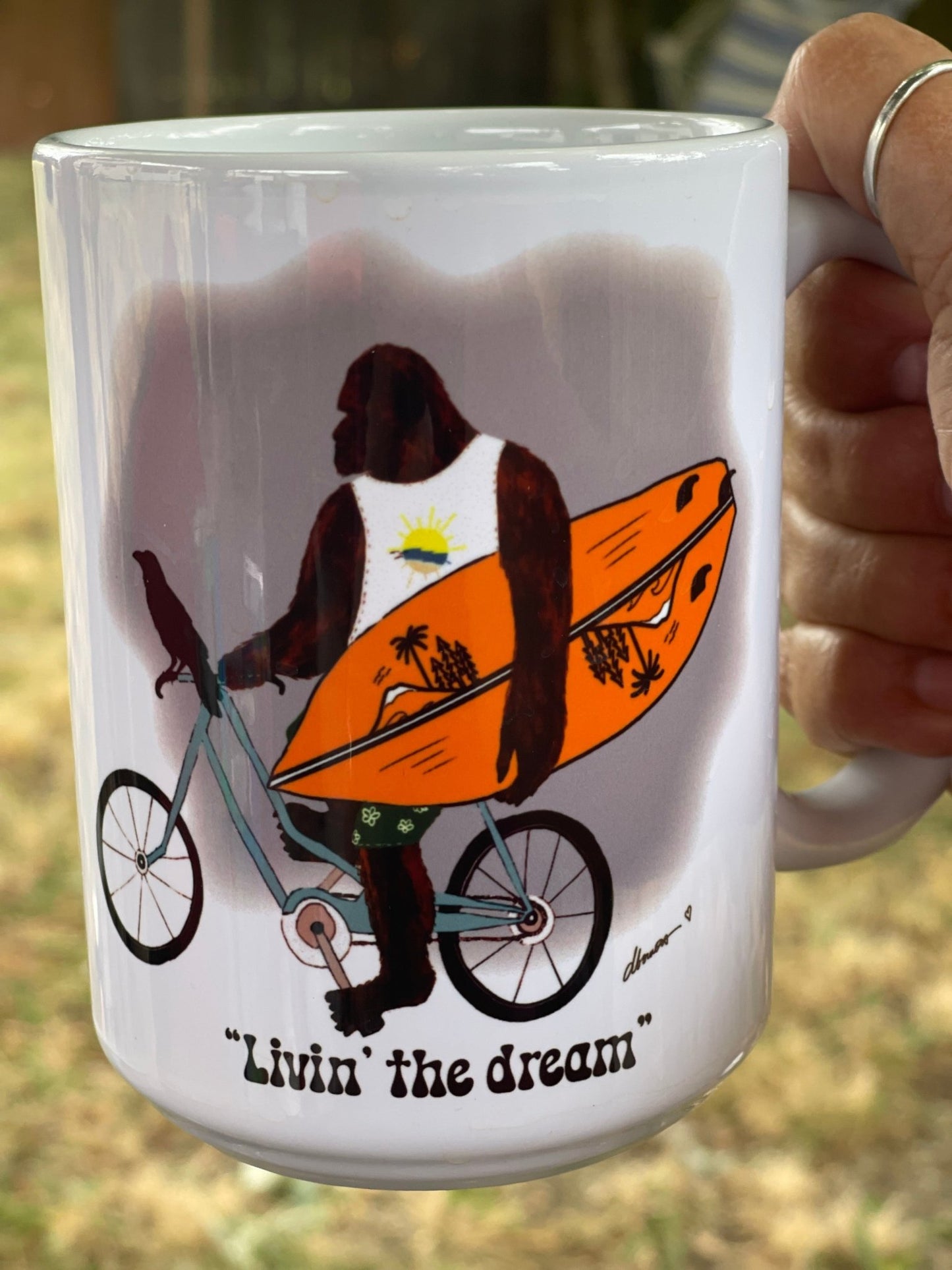 Bigfoot Surf Mug – Living the Dream 15oz Coffee Cup - Squirrellyartmama