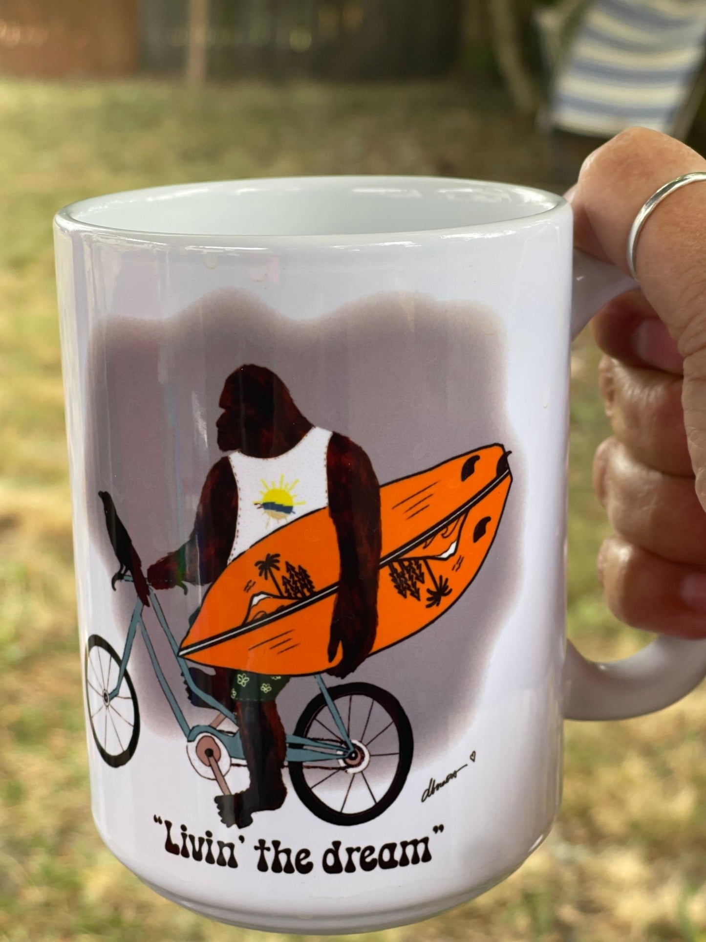 Bigfoot Surf Mug – Living the Dream 15oz Coffee Cup - Squirrellyartmama