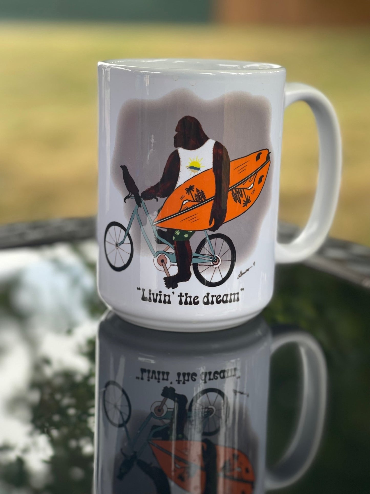 Bigfoot Surf Mug – Living the Dream 15oz Coffee Cup - Squirrellyartmama