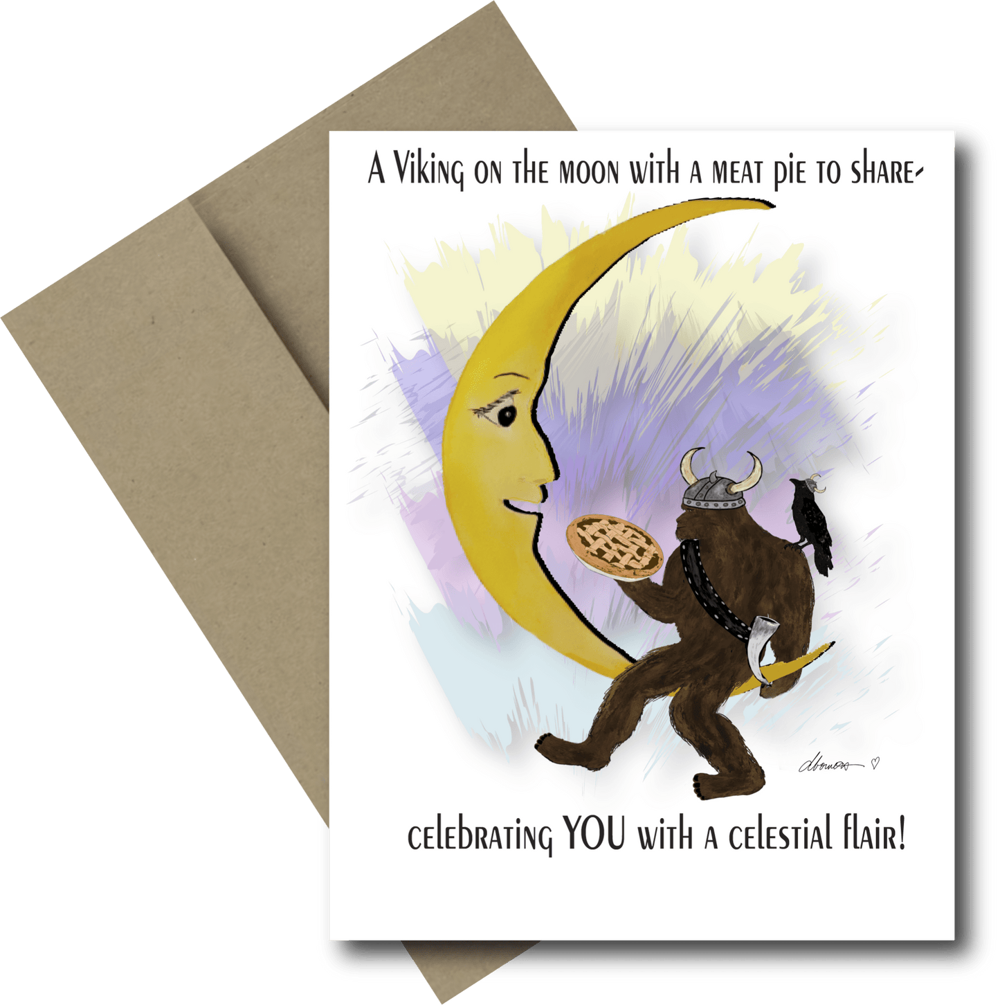 Bigfoot Viking Moon Greeting Card – Meat Pie & Crow – Celestial Celebration Card - Squirrellyartmama