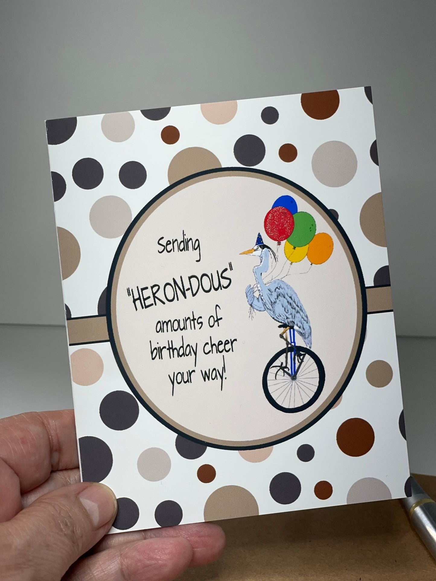 Birthday Card - Heron Unicycle Earthy tones - Squirrellyartmama