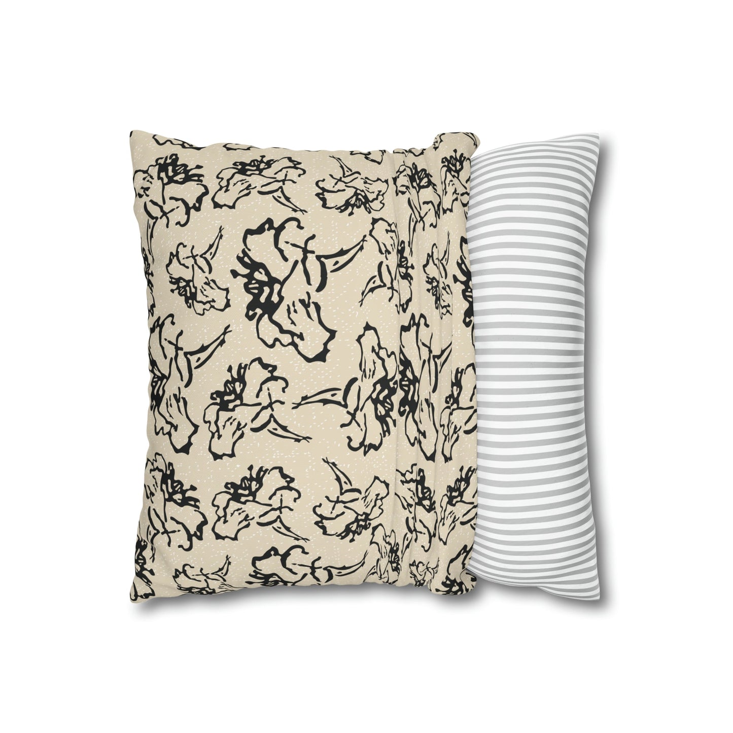 Black Flower Cream with white specks Square Poly Canvas Pillowcase - Squirrellyartmama