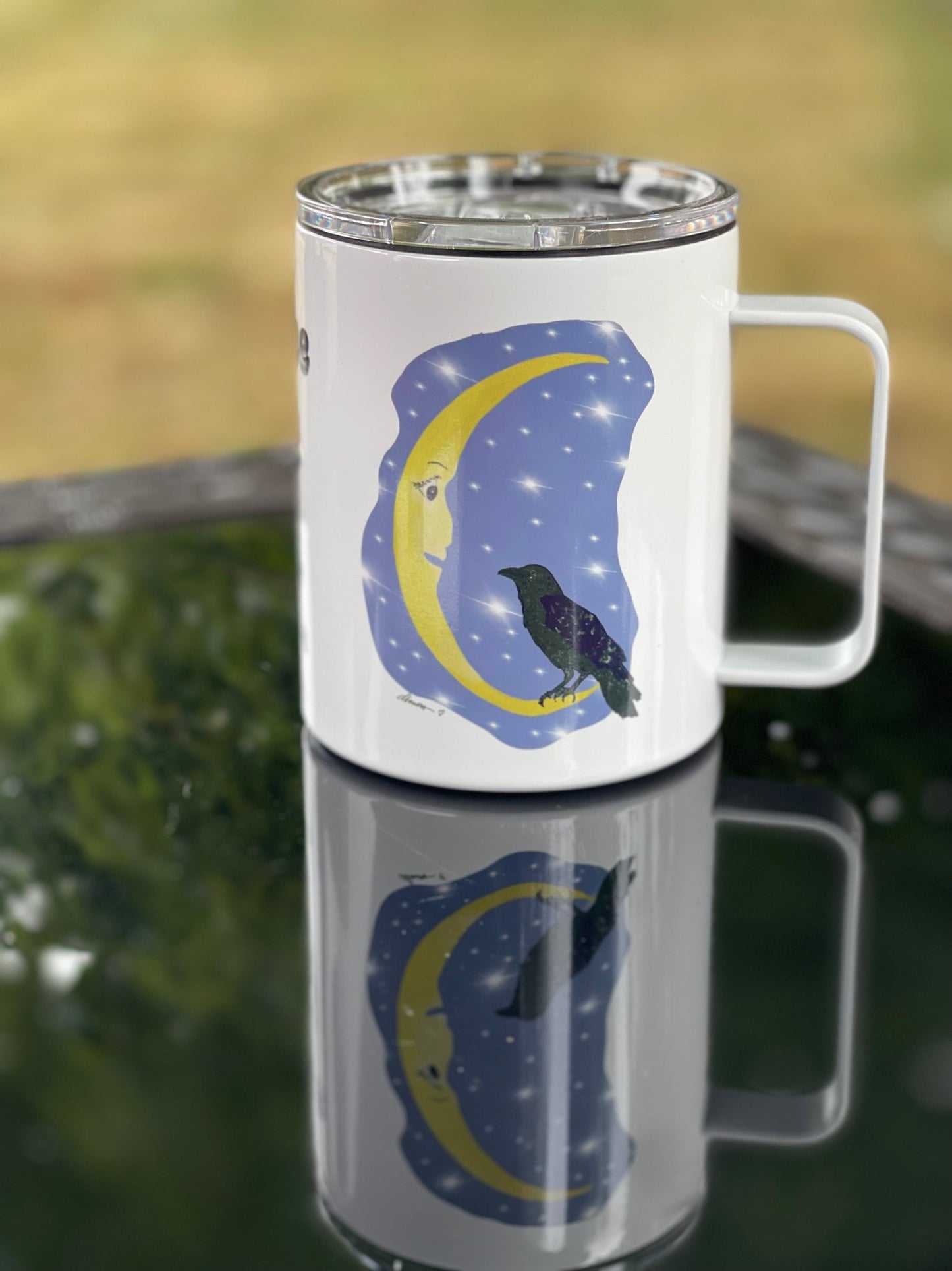Cawfee First Crow Moon Mug – 12oz Enamel Coffee Cup with Crescent Moon Illustration - Squirrellyartmama