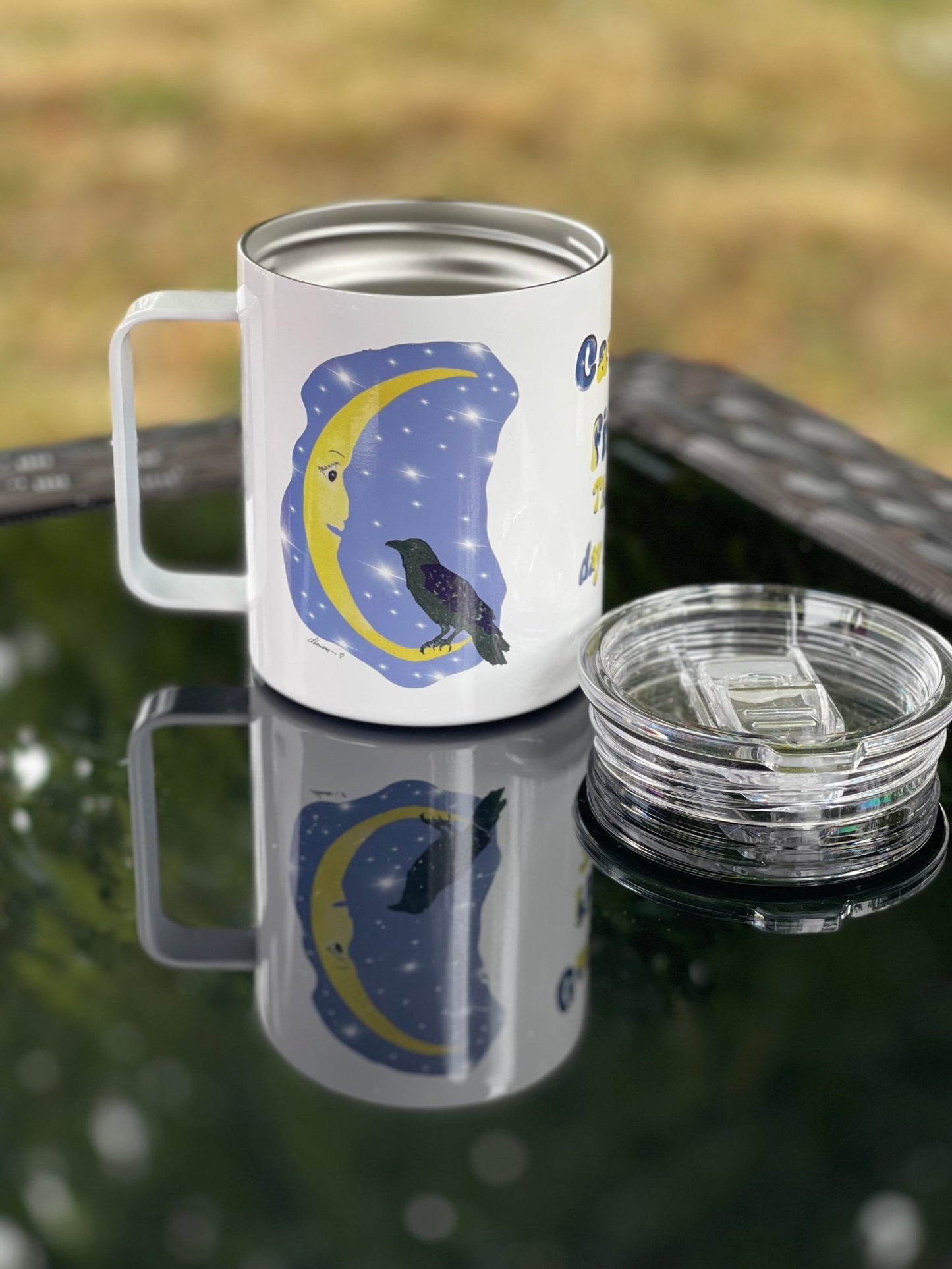 Cawfee First Crow Moon Mug – 12oz Enamel Coffee Cup with Crescent Moon Illustration - Squirrellyartmama