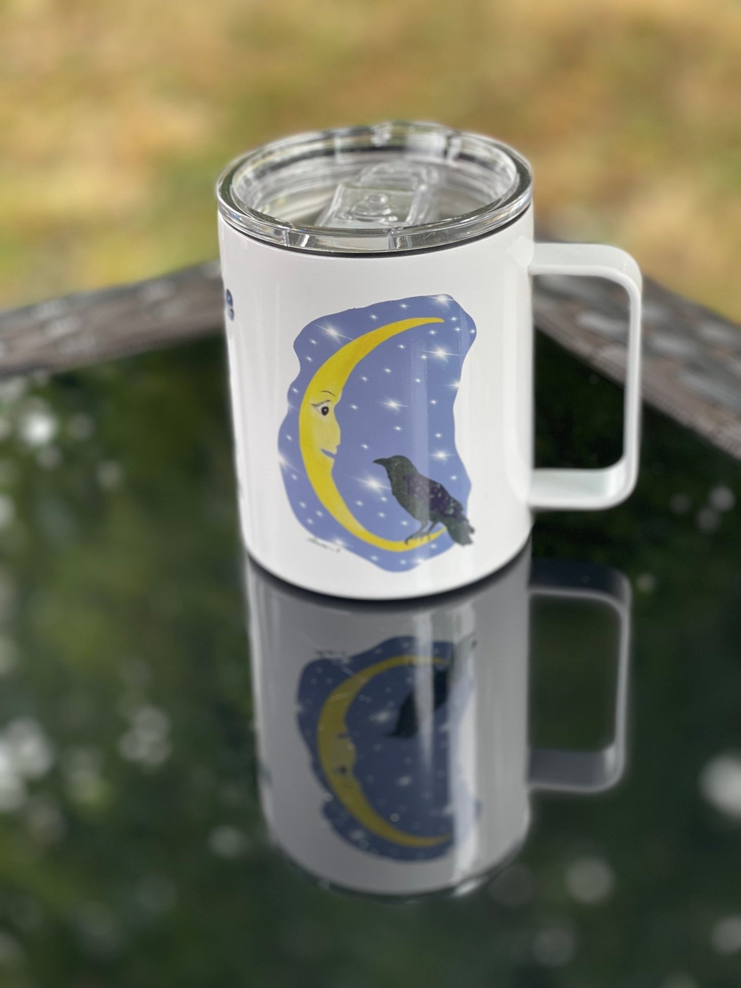 Cawfee First Crow Moon Mug – 12oz Enamel Coffee Cup with Crescent Moon Illustration - Squirrellyartmama