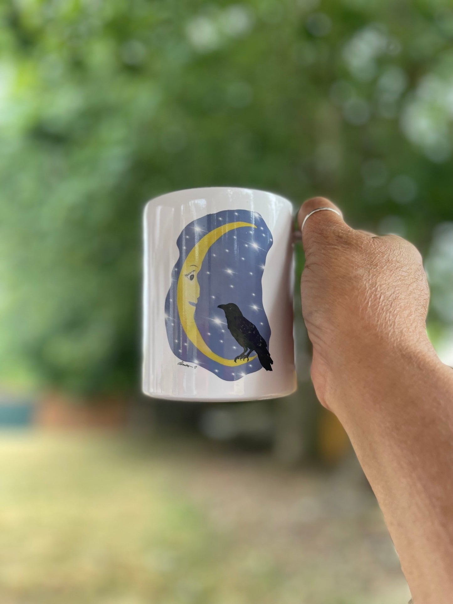 Cawfee First Crow Moon Mug – 12oz Enamel Coffee Cup with Crescent Moon Illustration - Squirrellyartmama