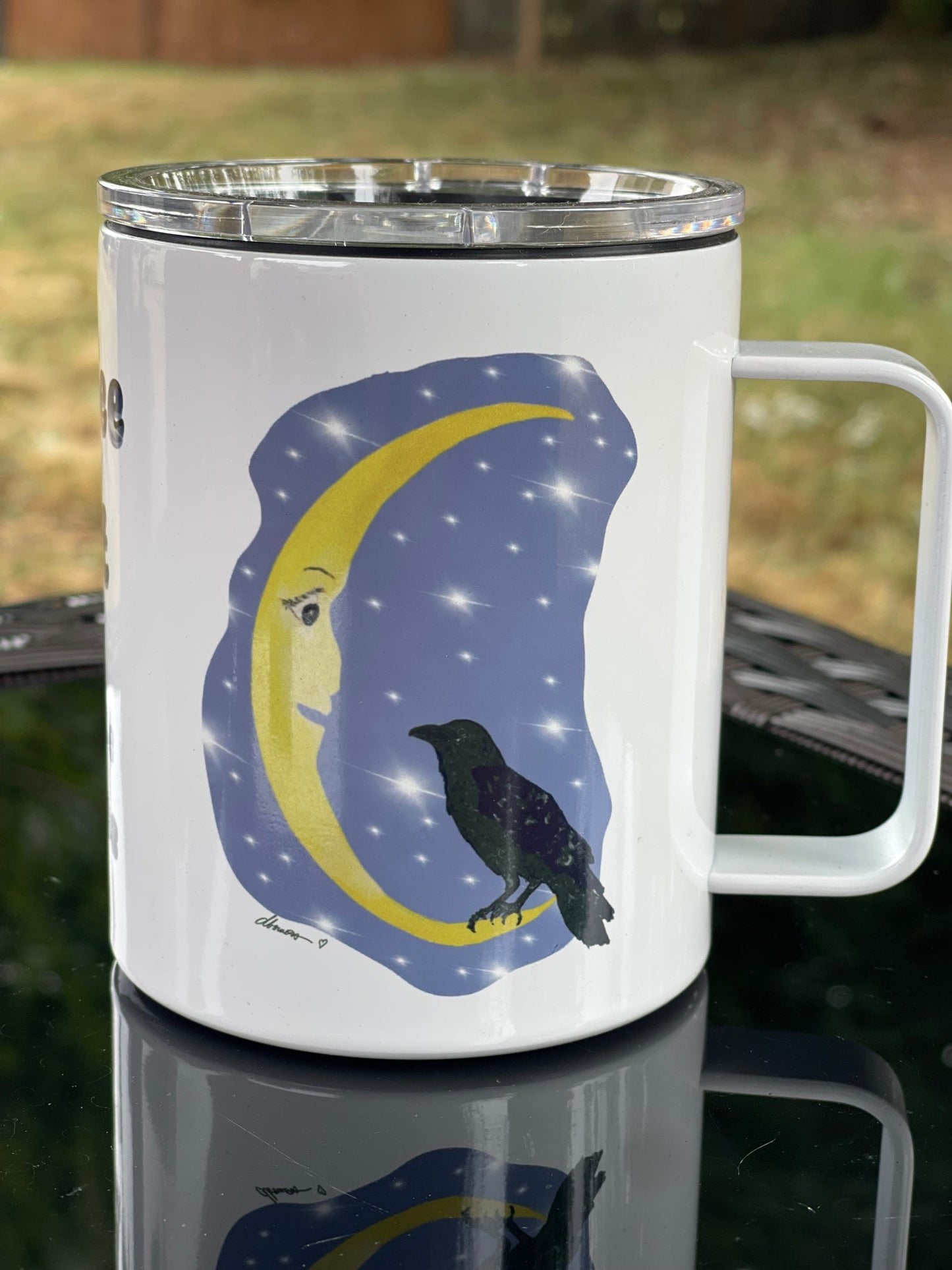 Cawfee First Crow Moon Mug – 12oz Enamel Coffee Cup with Crescent Moon Illustration - Squirrellyartmama