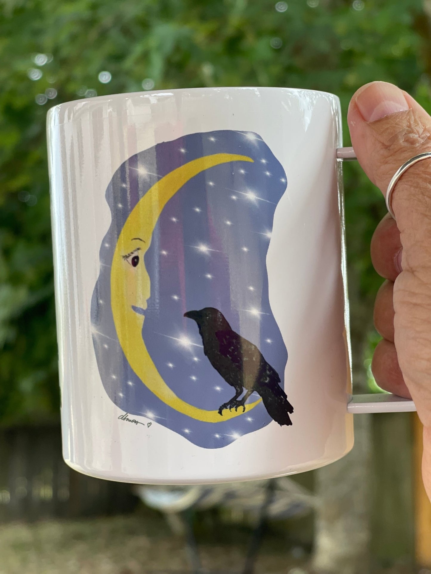 Cawfee First Crow Moon Mug – 12oz Enamel Coffee Cup with Crescent Moon Illustration - Squirrellyartmama