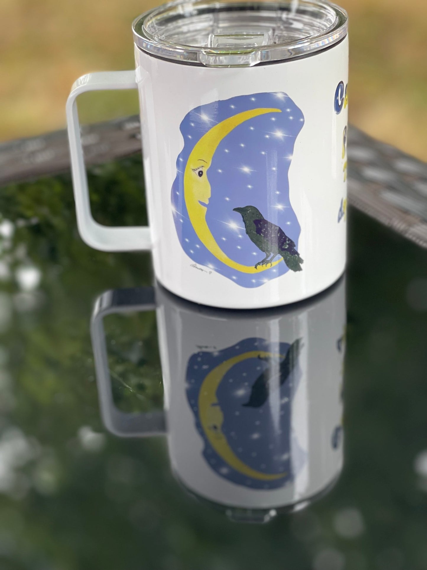 Cawfee First Crow Moon Mug – 12oz Enamel Coffee Cup with Crescent Moon Illustration - Squirrellyartmama