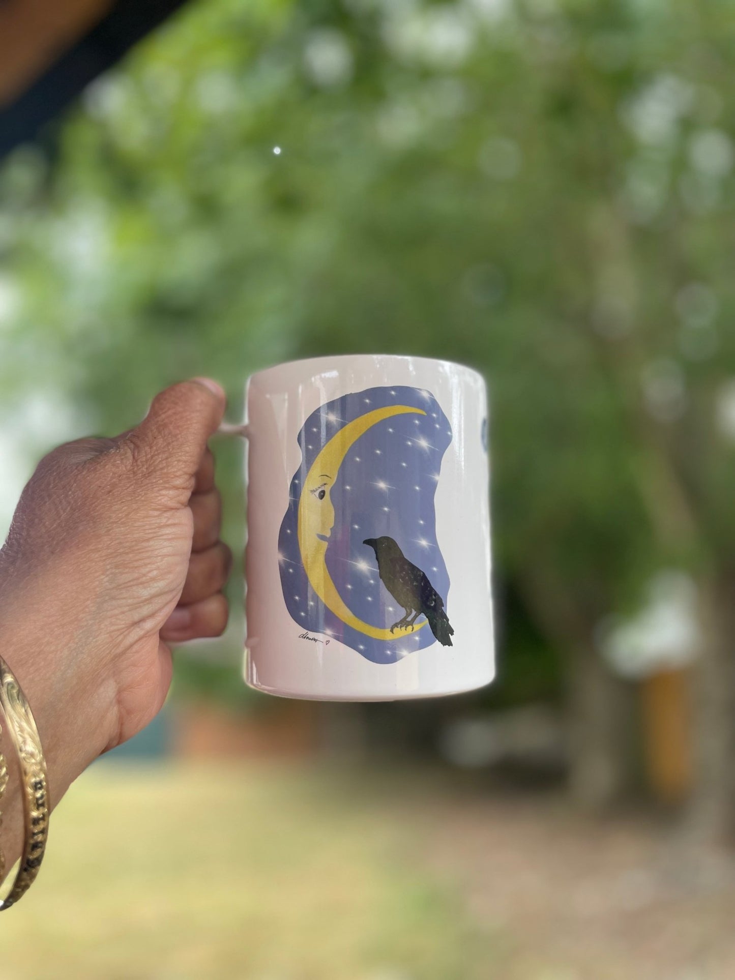 Cawfee First Crow Moon Mug – 12oz Enamel Coffee Cup with Crescent Moon Illustration - Squirrellyartmama