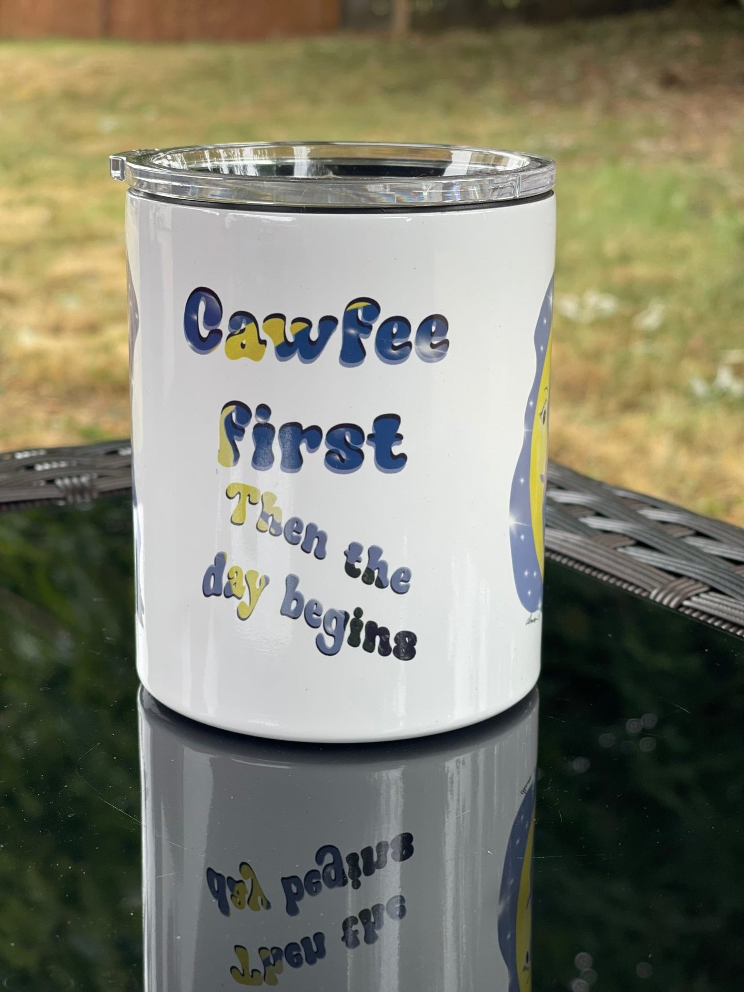 Cawfee First Crow Moon Mug – 12oz Enamel Coffee Cup with Crescent Moon Illustration - Squirrellyartmama