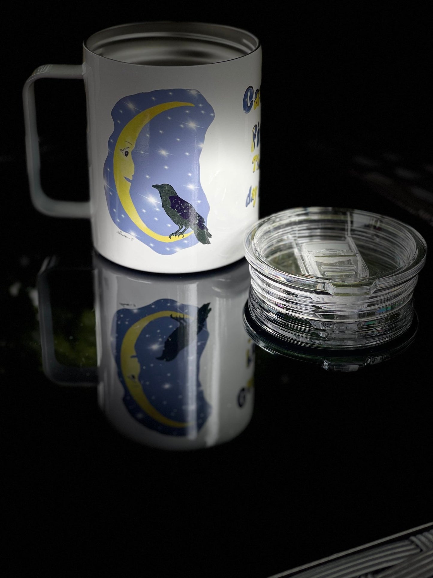 Cawfee First Crow Moon Mug – 12oz Enamel Coffee Cup with Crescent Moon Illustration - Squirrellyartmama