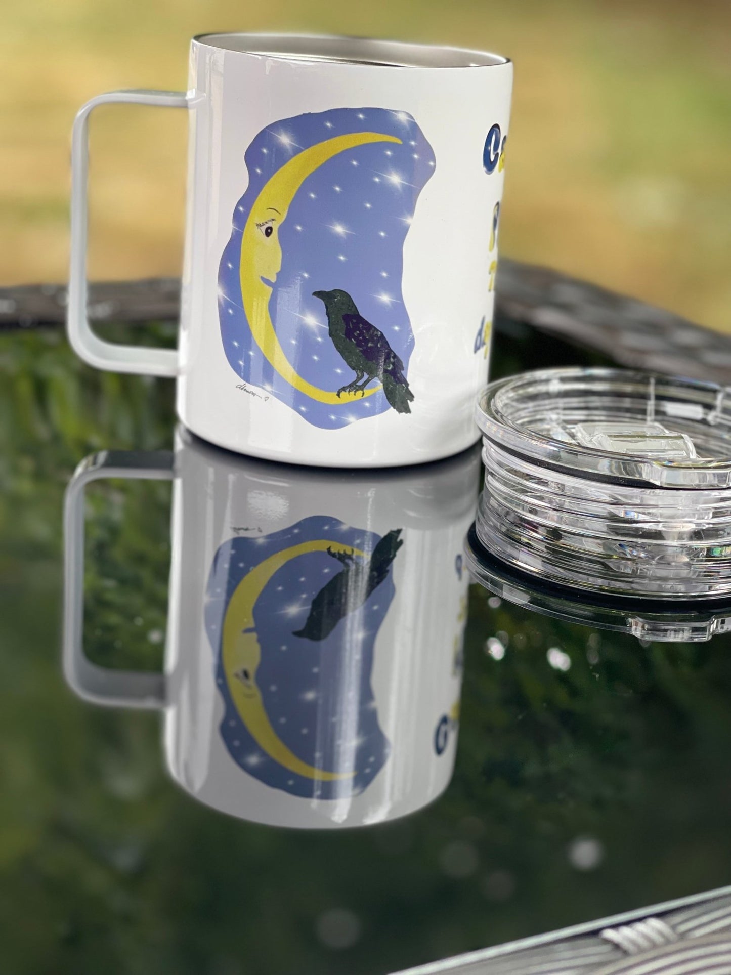 Cawfee First Crow Moon Mug – 12oz Enamel Coffee Cup with Crescent Moon Illustration - Squirrellyartmama