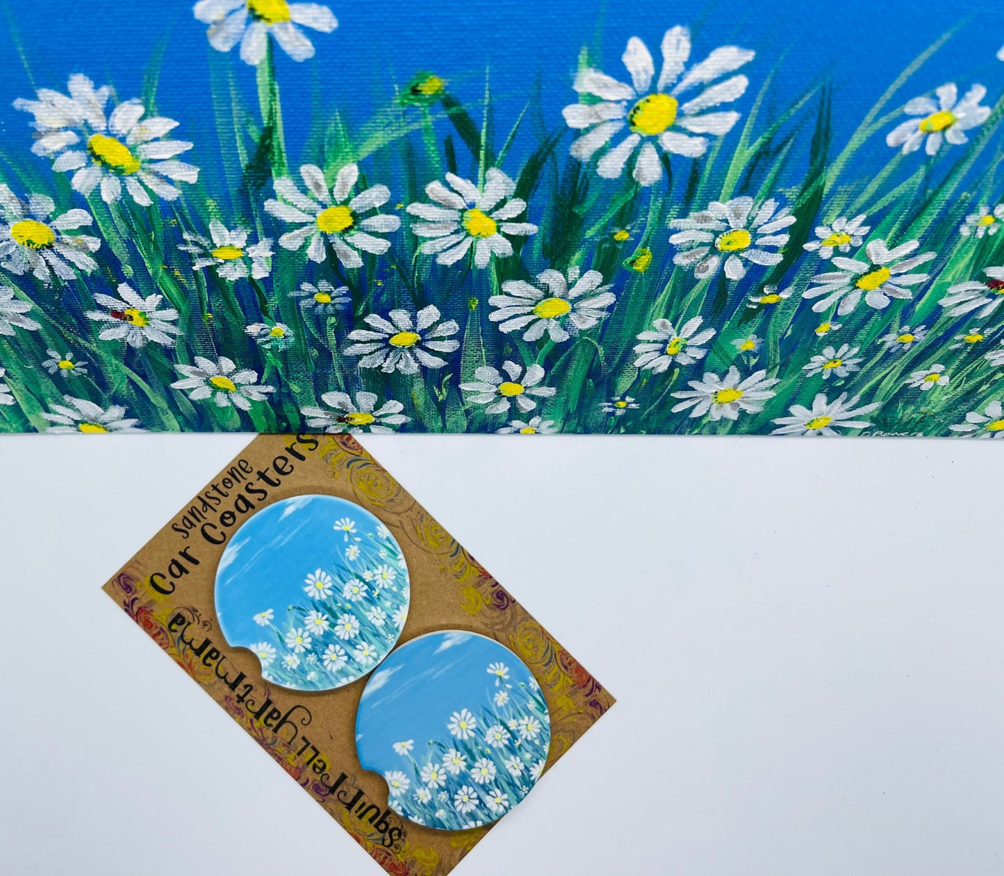 Coaster Sandstone Car Coaster Set - Daisies - Squirrellyartmama