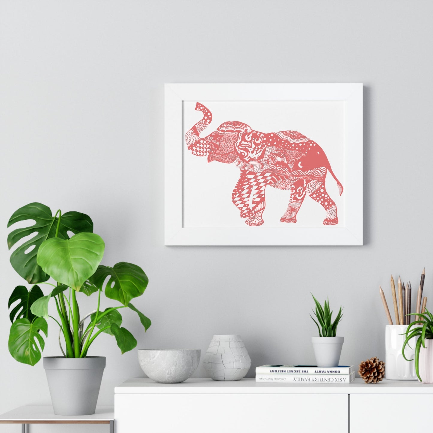 Elephant Doodle Peach Print Framed Horizontal Poster - Squirrellyartmama
