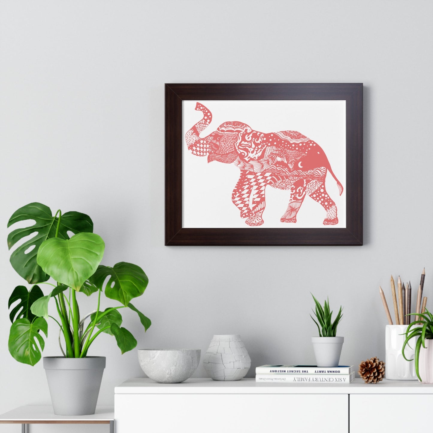 Elephant Doodle Peach Print Framed Horizontal Poster - Squirrellyartmama