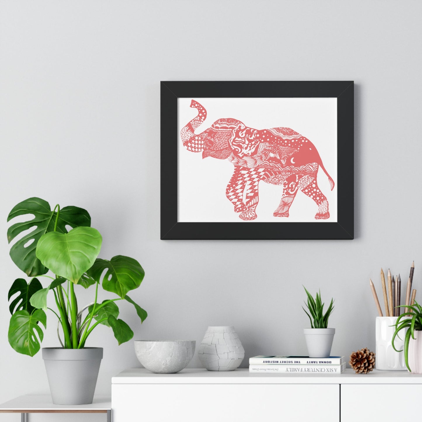 Elephant Doodle Peach Print Framed Horizontal Poster - Squirrellyartmama