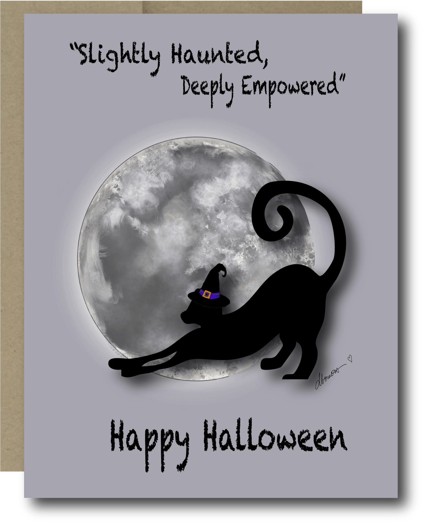 Empowering Halloween Card – A2 Black Cat Greeting Card with Full Moon and Witch Hat – Slightly Haunted, Deeply Empowered - Squirrellyartmama