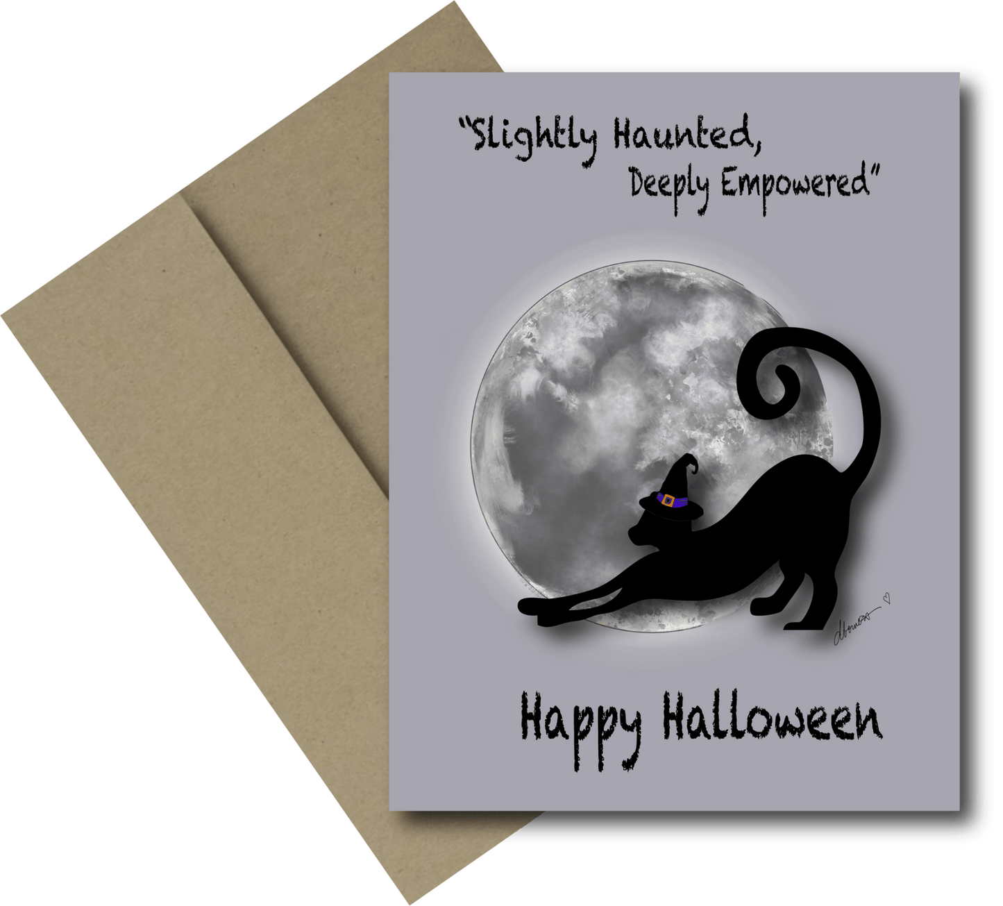 Empowering Halloween Card – A2 Black Cat Greeting Card with Full Moon and Witch Hat – Slightly Haunted, Deeply Empowered - Squirrellyartmama