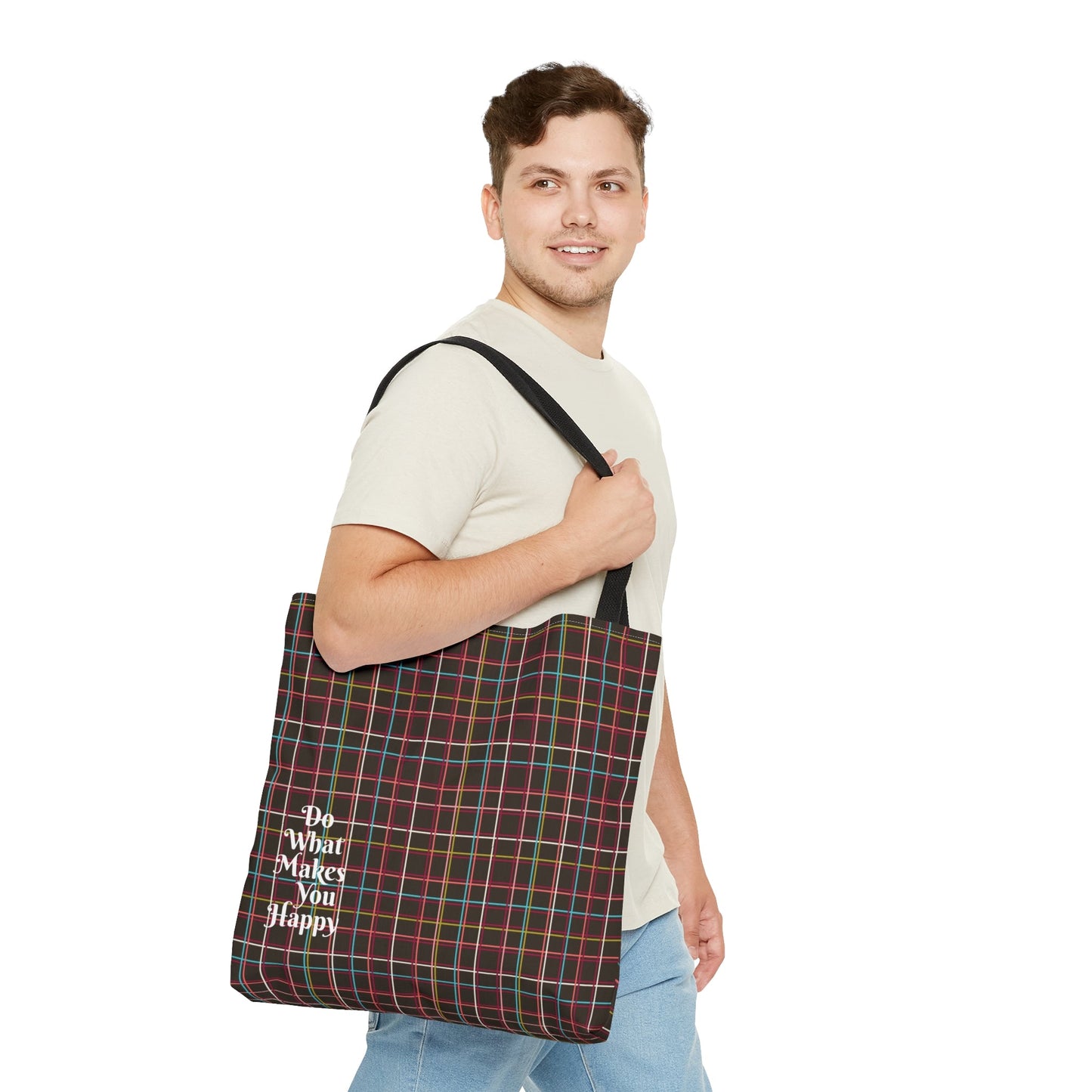 Fleeting Brown Plaid "Do What Makes You Happy" Tote Bag - Squirrellyartmama