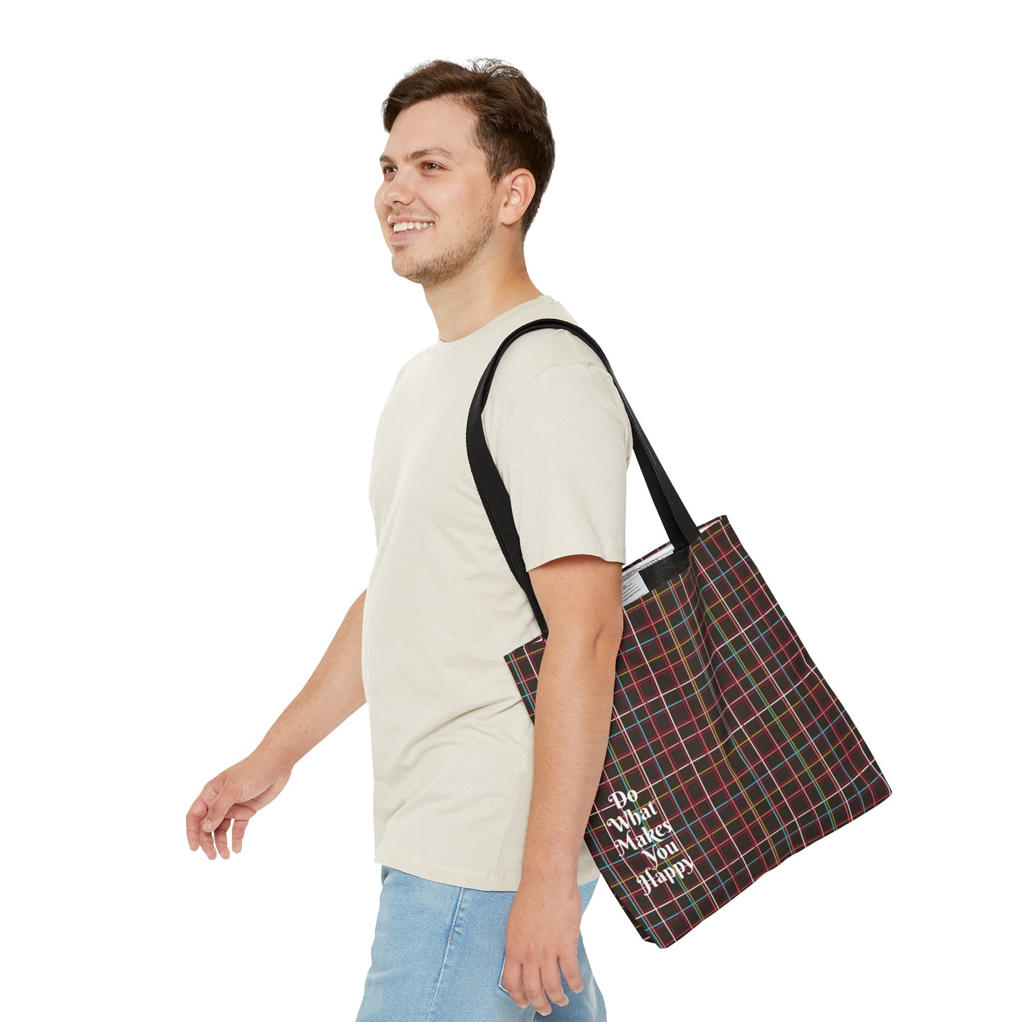 Fleeting Brown Plaid "Do What Makes You Happy" Tote Bag - Squirrellyartmama