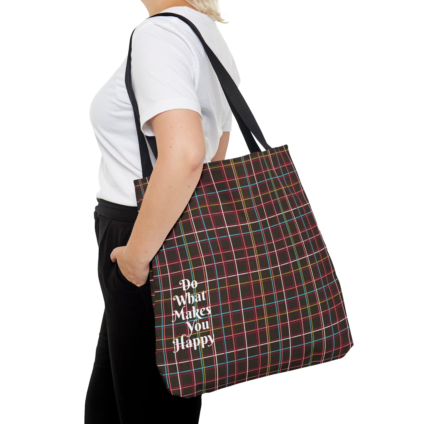 Fleeting Brown Plaid "Do What Makes You Happy" Tote Bag - Squirrellyartmama