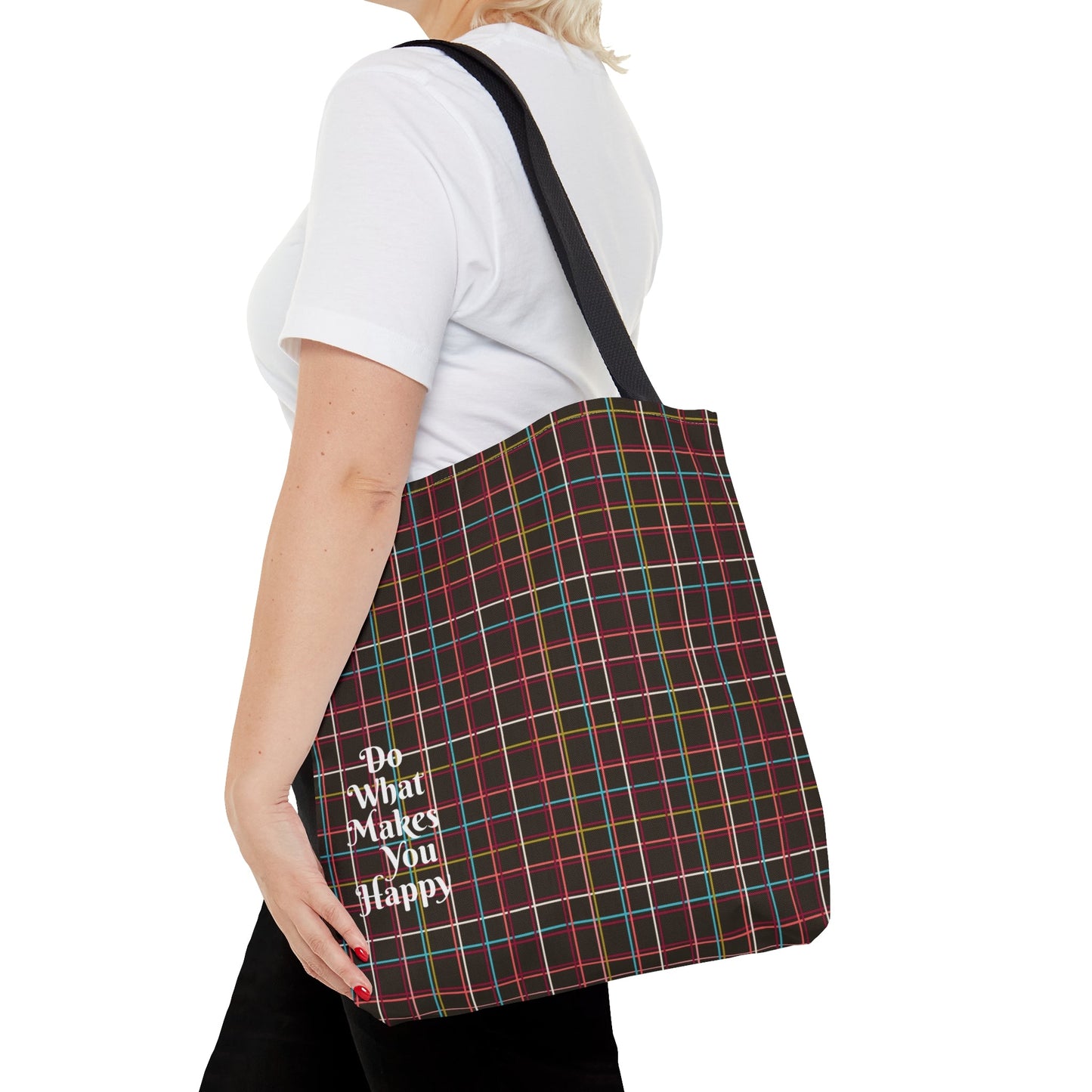 Fleeting Brown Plaid "Do What Makes You Happy" Tote Bag - Squirrellyartmama