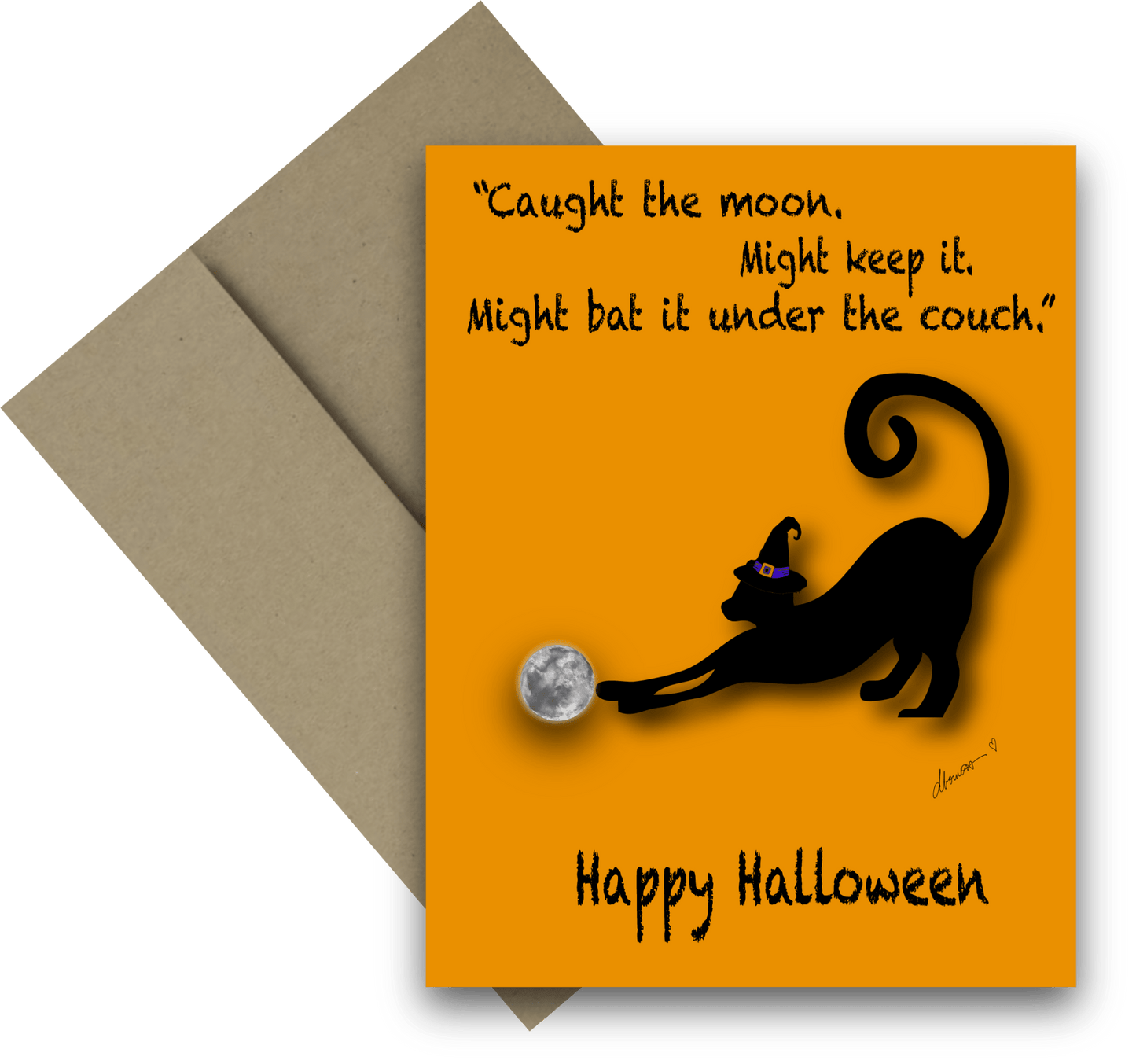 Funny Halloween Cat Card – A2 Greeting Card with Black Cat, Full Moon, and Witch Hat – “Caught the Moon” – Quirky Halloween Card - Squirrellyartmama