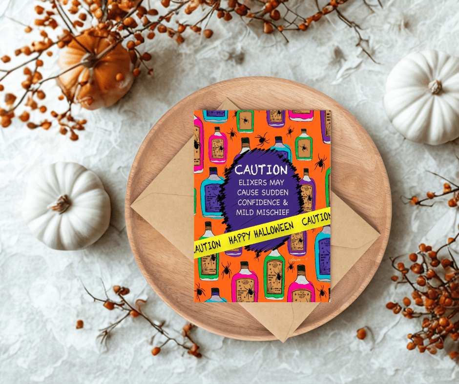 Funny Potion Halloween Card – A2 Greeting Card with Colorful Elixir Bottles and Caution Tape – Sudden Confidence and Mild Mischief - Squirrellyartmama
