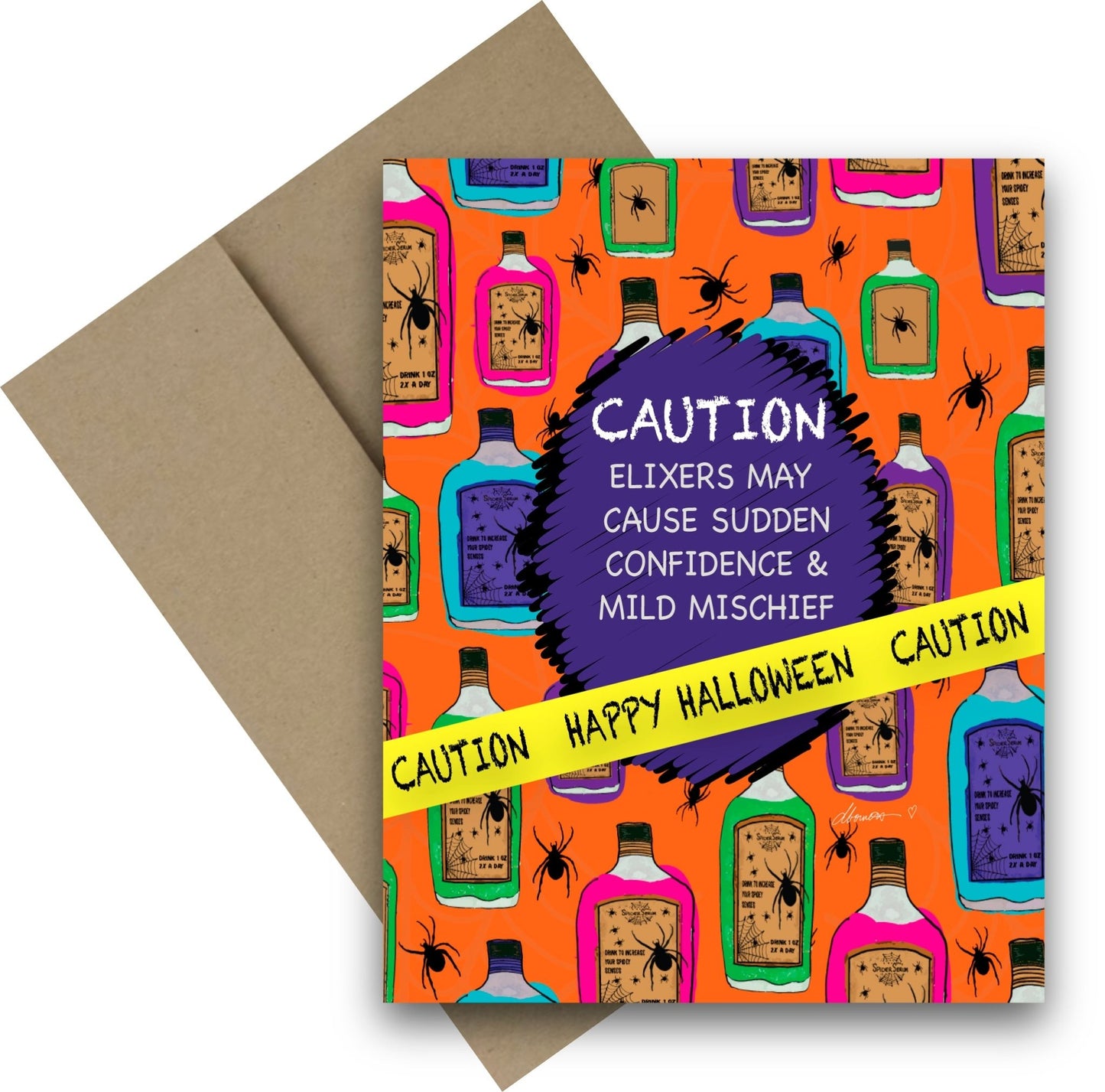 Funny Potion Halloween Card – A2 Greeting Card with Colorful Elixir Bottles and Caution Tape – Sudden Confidence and Mild Mischief - Squirrellyartmama