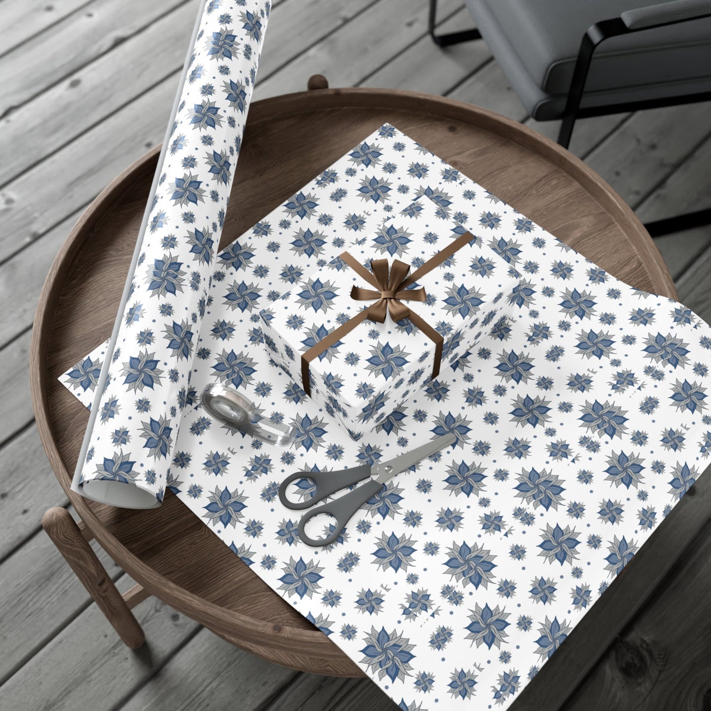 Gift Wrap Papers - Blue and Gray Flowers Design - Squirrellyartmama