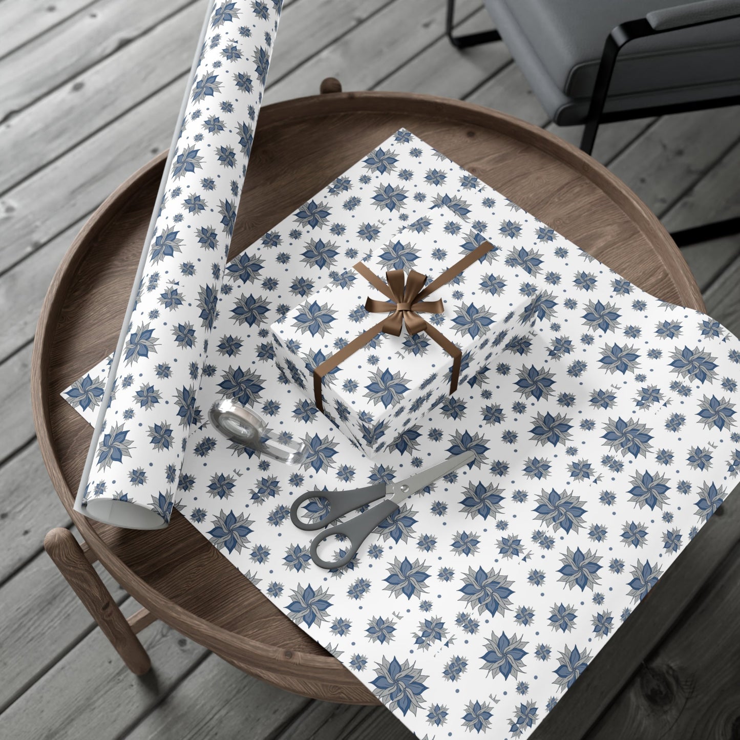 Gift Wrap Papers - Blue and Gray Flowers Design - Squirrellyartmama
