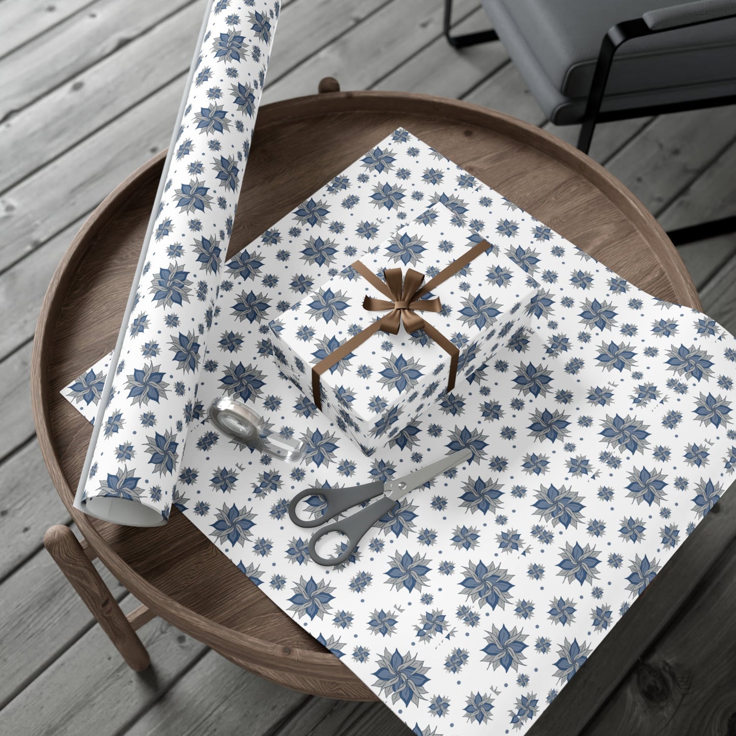 Gift Wrap Papers - Blue and Gray Flowers Design - Squirrellyartmama