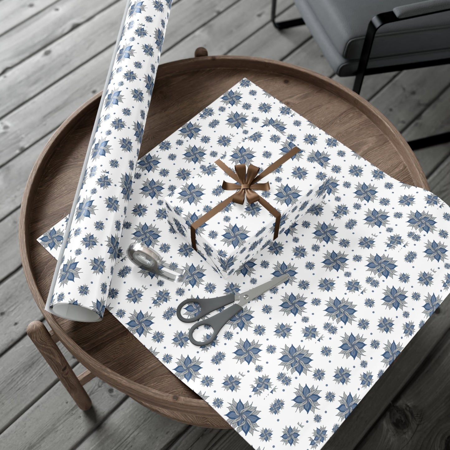 Gift Wrap Papers - Blue and Gray Flowers Design - Squirrellyartmama