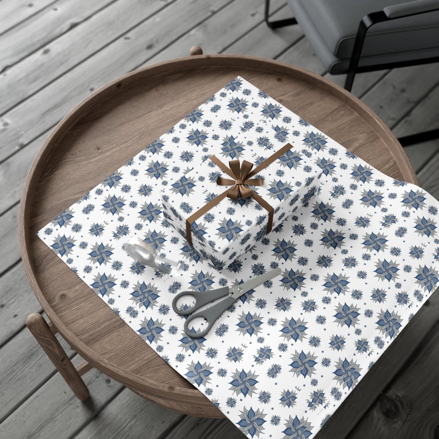 Gift Wrap Papers - Blue and Gray Flowers Design - Squirrellyartmama
