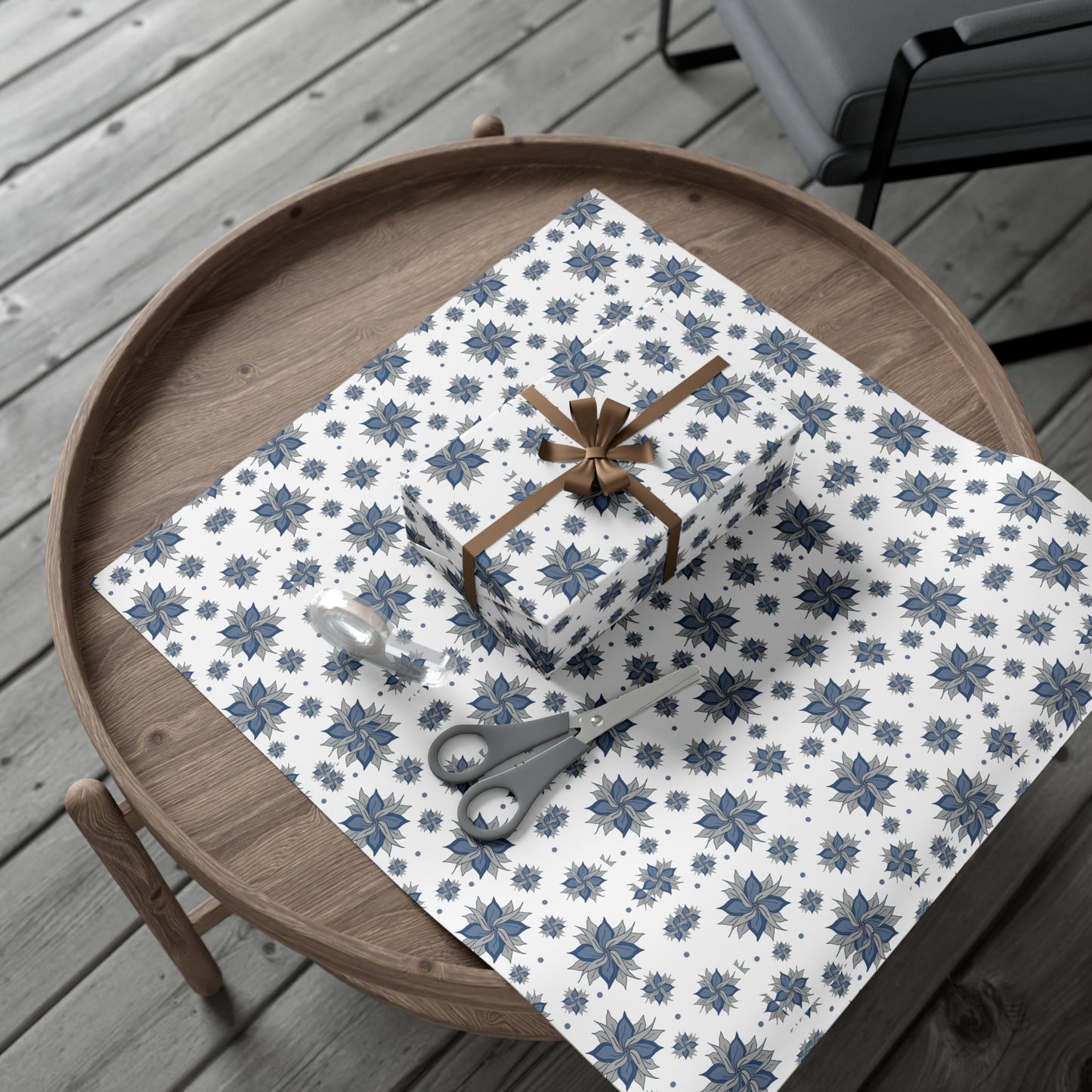 Gift Wrap Papers - Blue and Gray Flowers Design - Squirrellyartmama