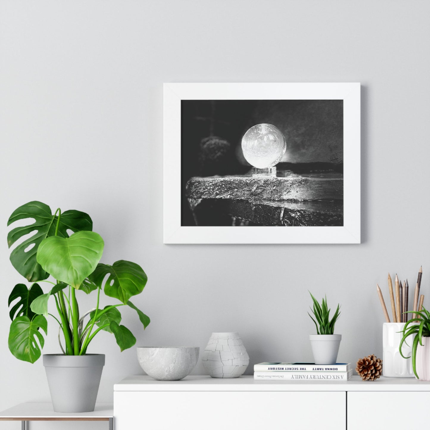 Glass Sphere Black and White Print Framed Horizontal Poster - Squirrellyartmama