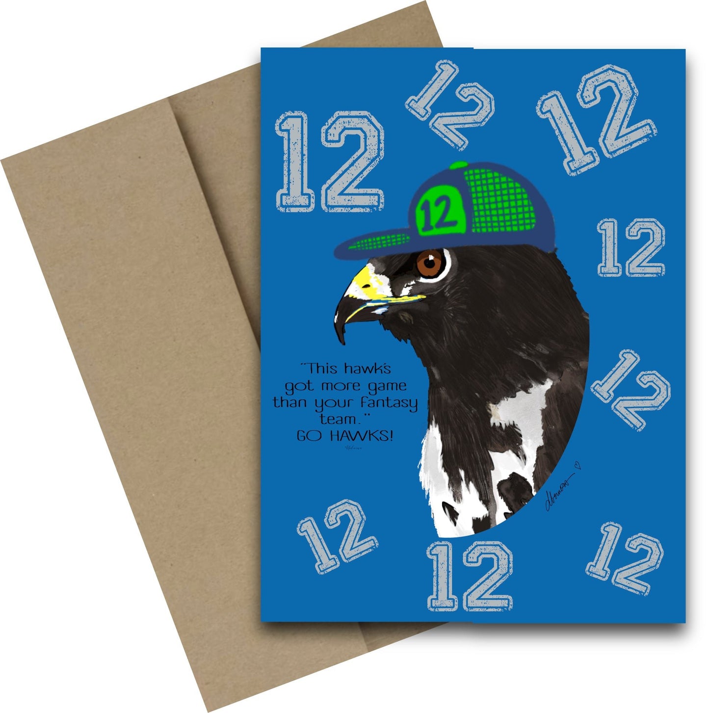 Go Hawks Greeting Card – Funny 12th Man Hawk Fan Card, Fantasy Football Humor - Squirrellyartmama